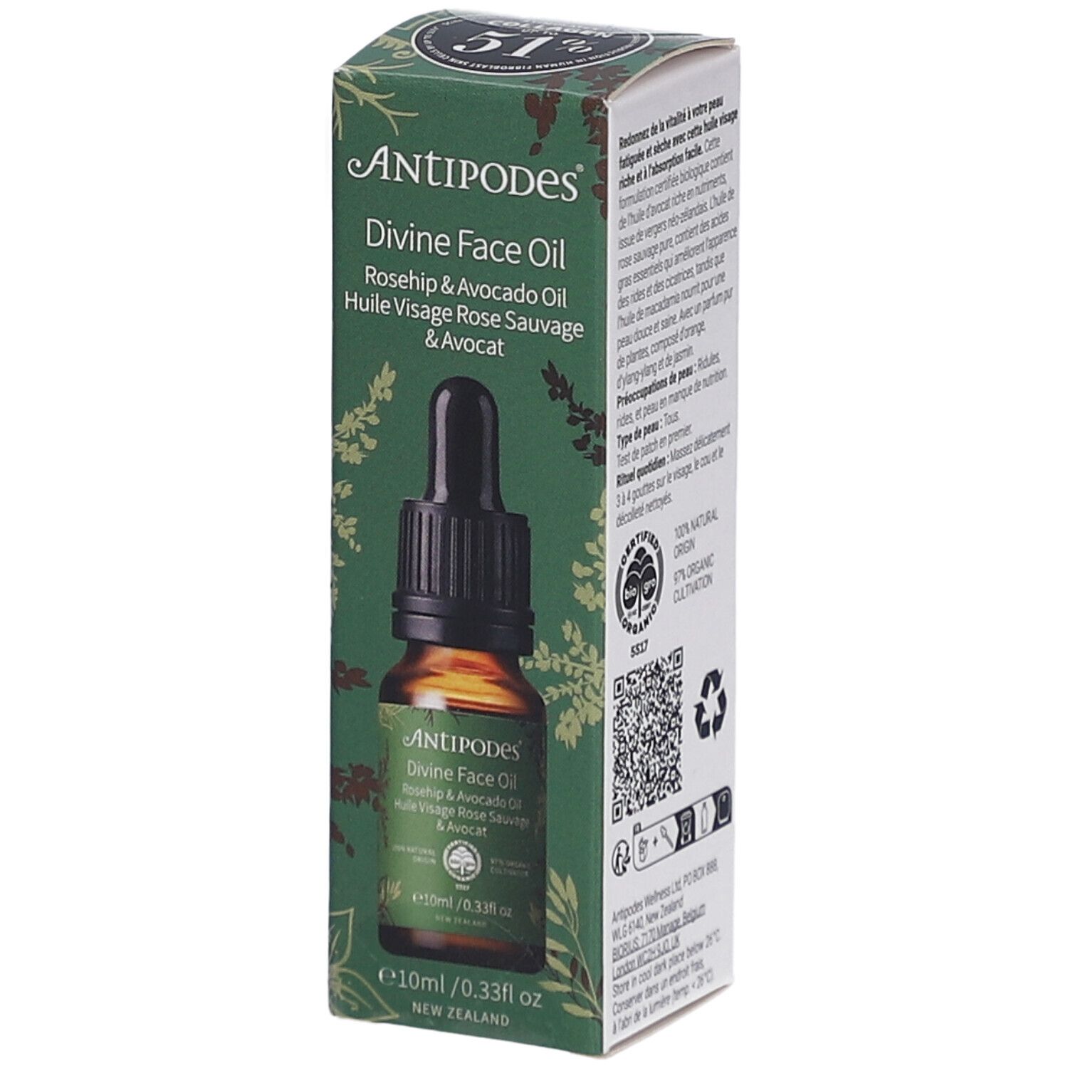 ANTIPODES Divine Face Oil in Verpackung. Flasche mit Pipette. Rosehip & Avocado Oil. 10ml. Grüne Verpackung mit Text.