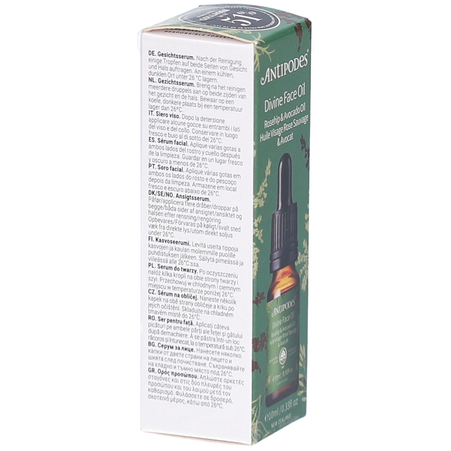 Rückseite der ANTIPODES Divine Face Oil Verpackung. Mehrsprachiger Text. Flasche mit Pipette. Rosehip & Avocado Oil.