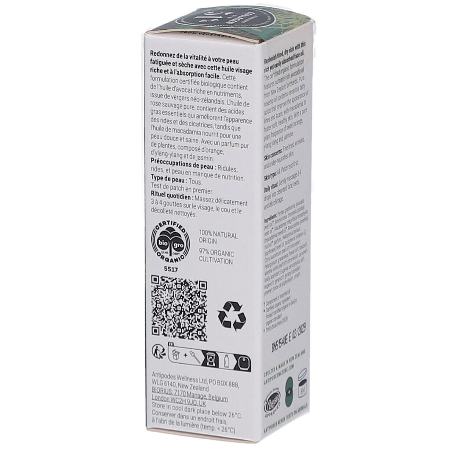 ANTIPODES Divine Face Oil Verpackung. Text über Inhaltsstoffe, Hauttyp, Anwendung. Zertifizierungen. 6M Symbol.