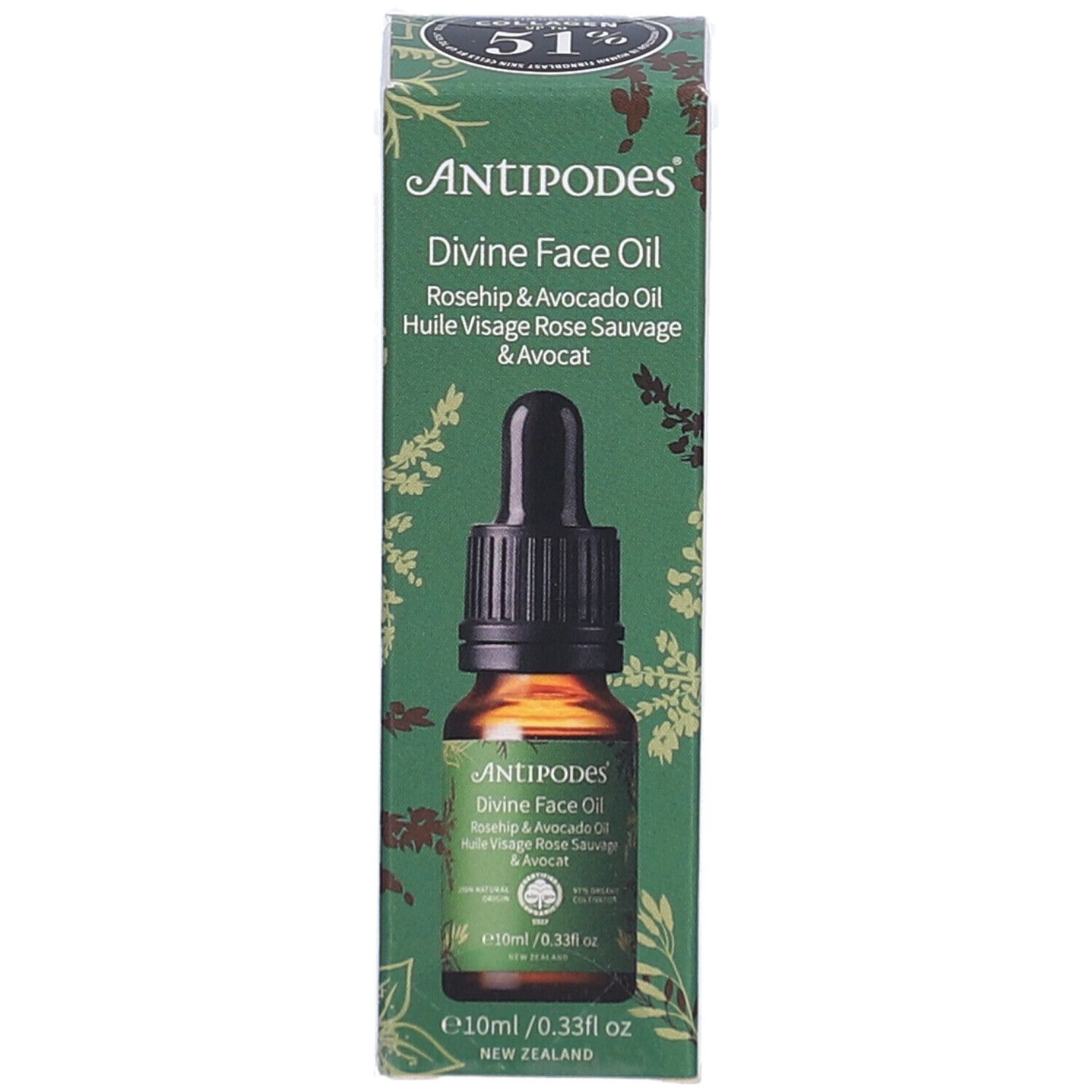 ANTIPODES Divine Face Oil. Flasche mit Pipette. Rosehip & Avocado Oil. 10ml. Braune Glasflasche in Verpackung.