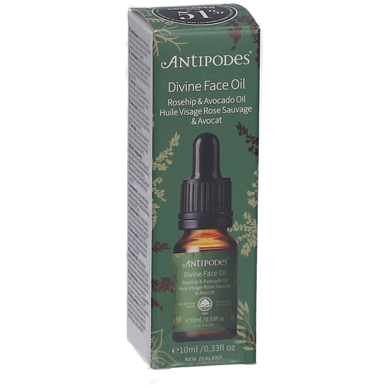 ANTIPODES Divine Face Oil. Flasche mit Pipette. Rosehip & Avocado Oil. 10ml. Braune Glasflasche in Verpackung.