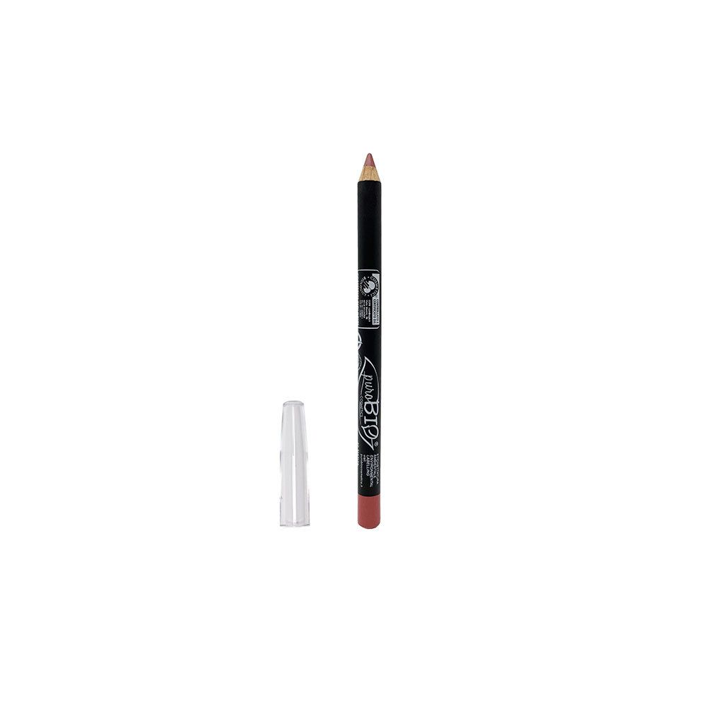 Lippenstift-Stift mit transparenter Kappe. Schwarzer Stift mit Aufdruck. Spitze und unteres Ende in Rosé-Nude.