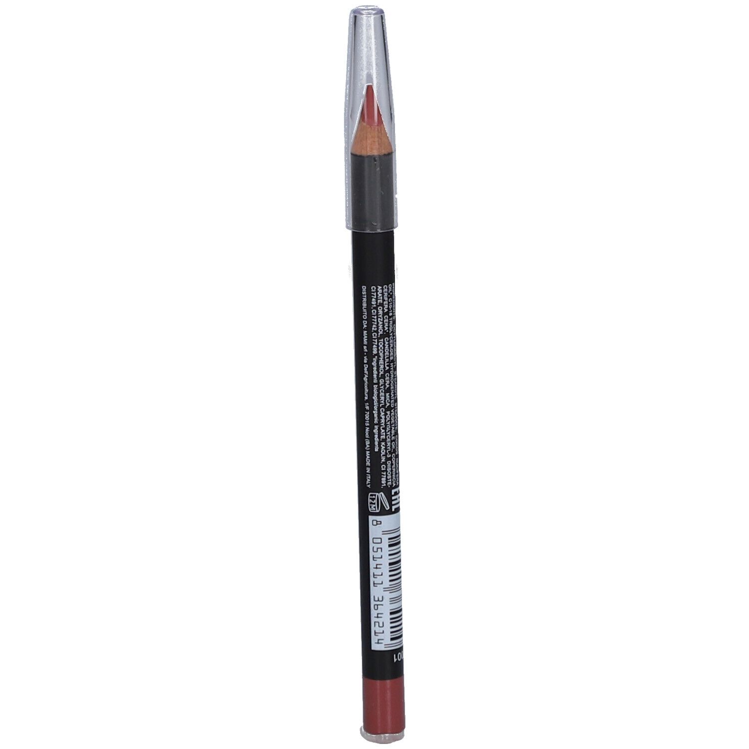 Lippenstift-Stift mit transparenter Kappe. Schwarzer Stift mit Aufdruck. Spitze und unteres Ende in Rosé-Nude.