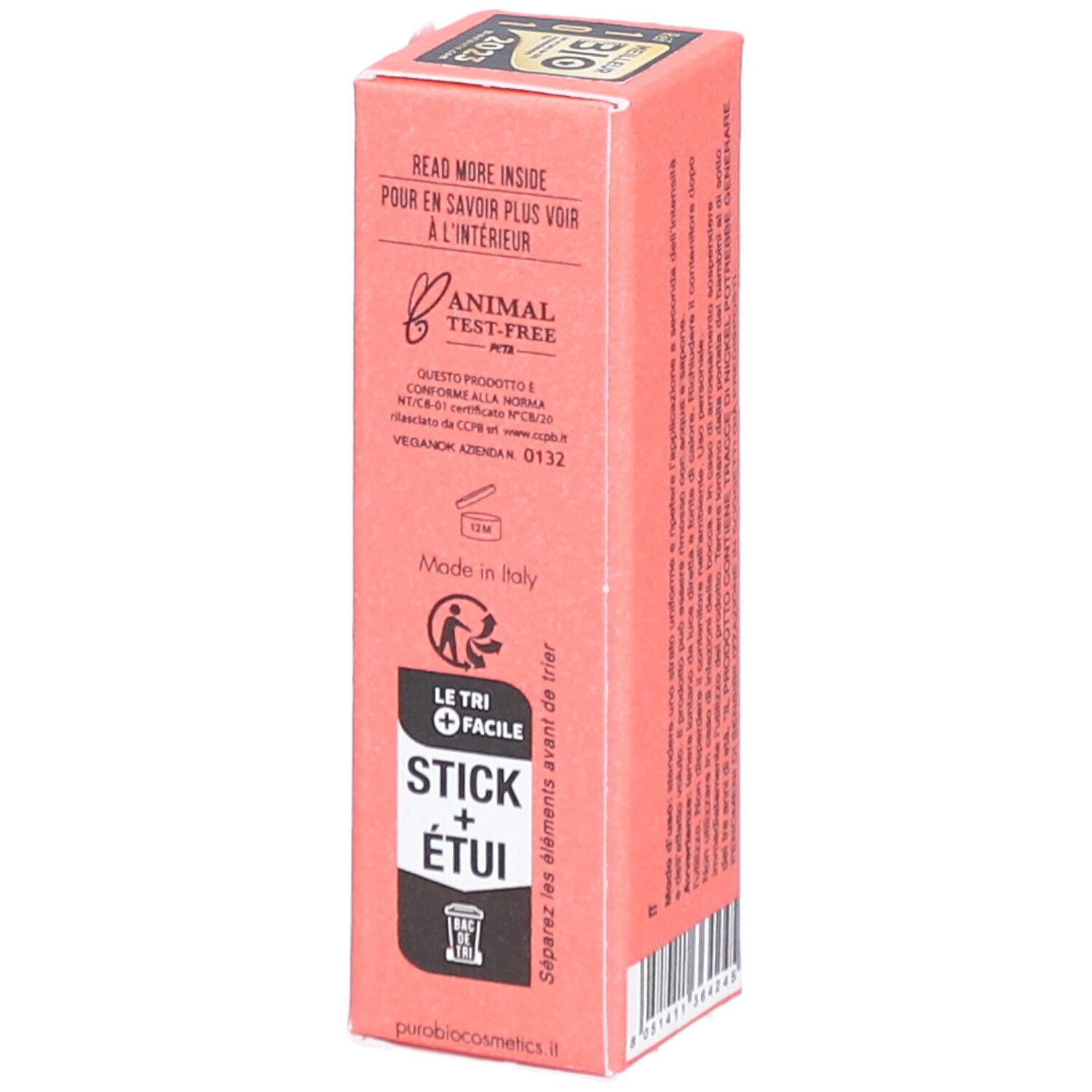 Emballage rose pour rouge à lèvres. Texte au dos en italien. Symbole de recyclage.