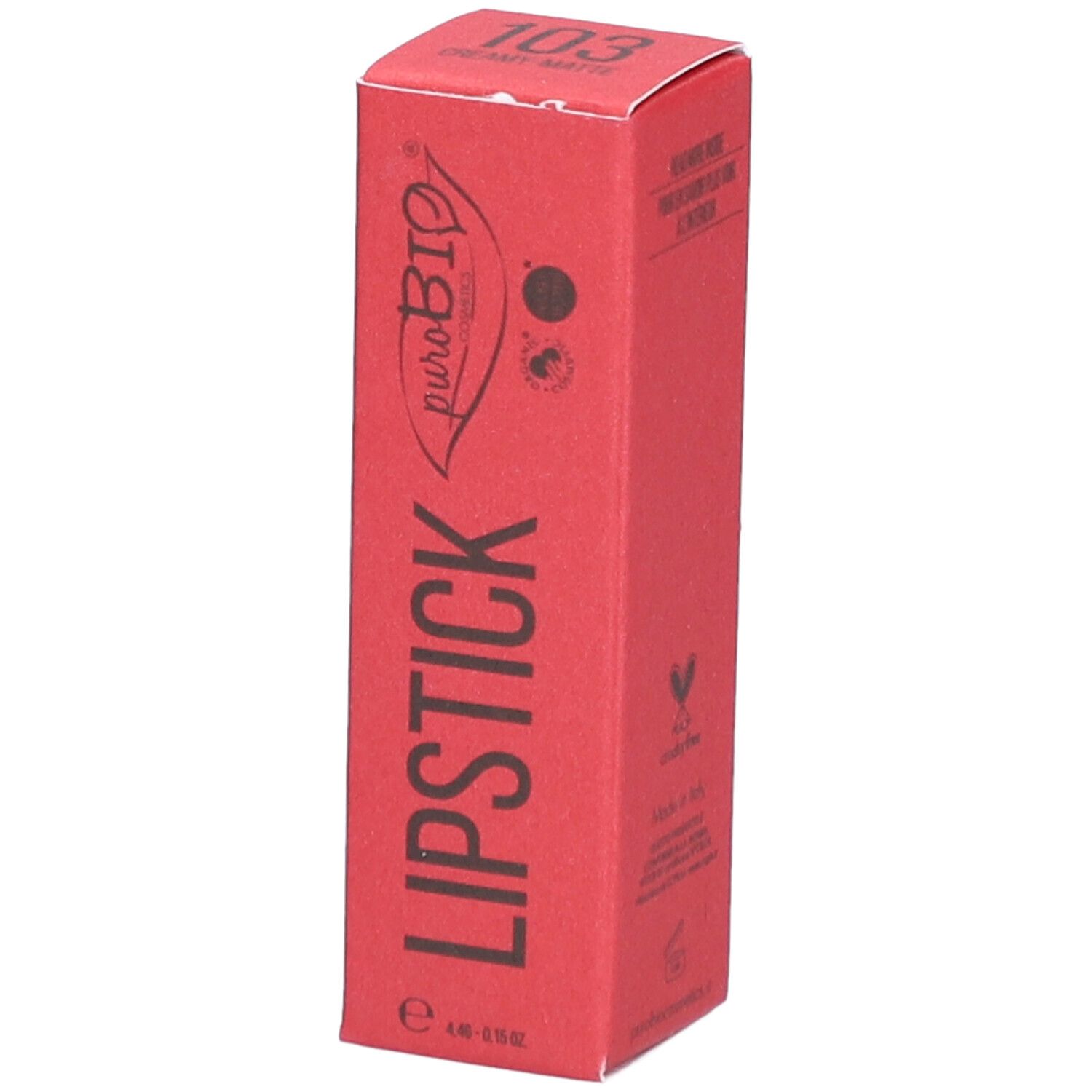 Rote Lippenstift-Verpackung. Marke PUROBIO, Produktname: Lipstick 103.
