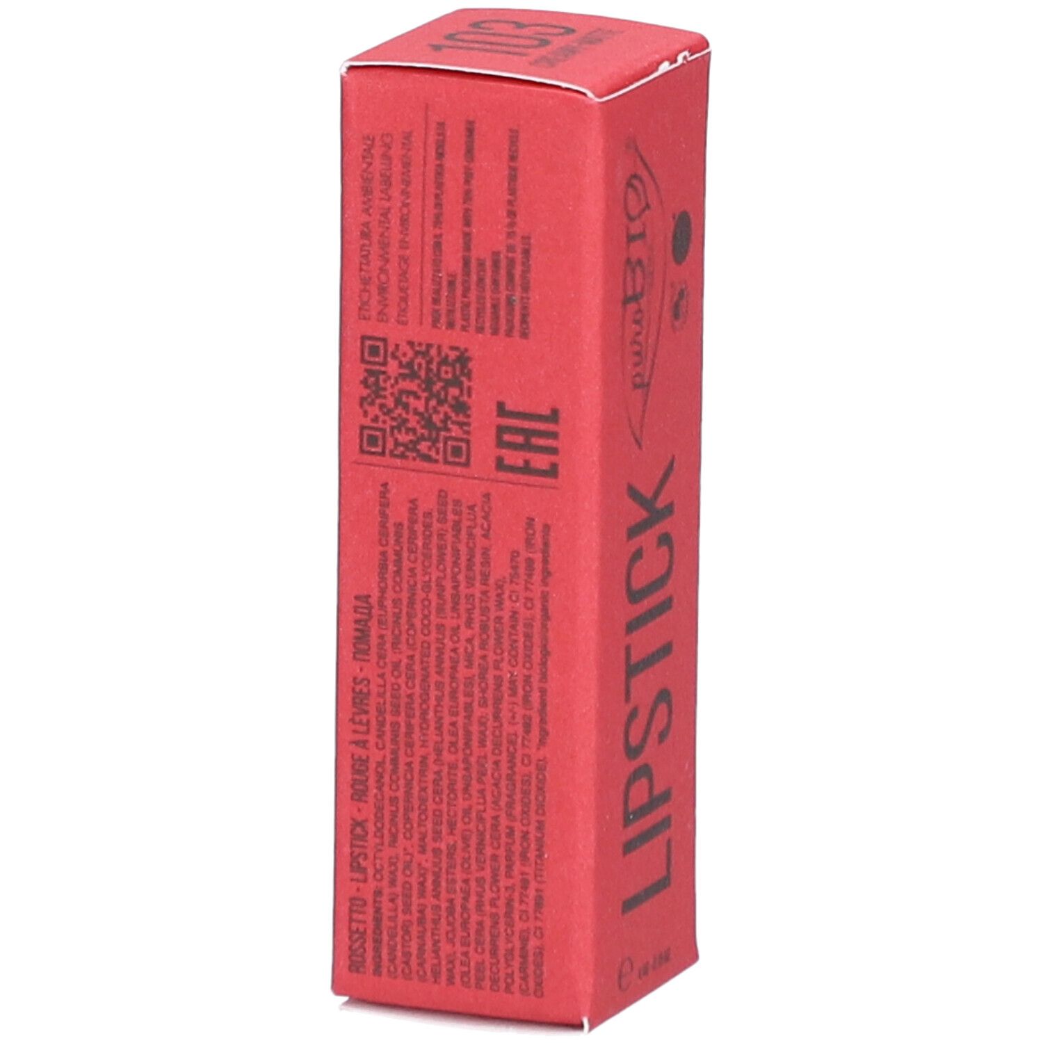 Rote Lippenstift-Verpackung. Marke PUROBIO, Produktname: Lipstick 103.