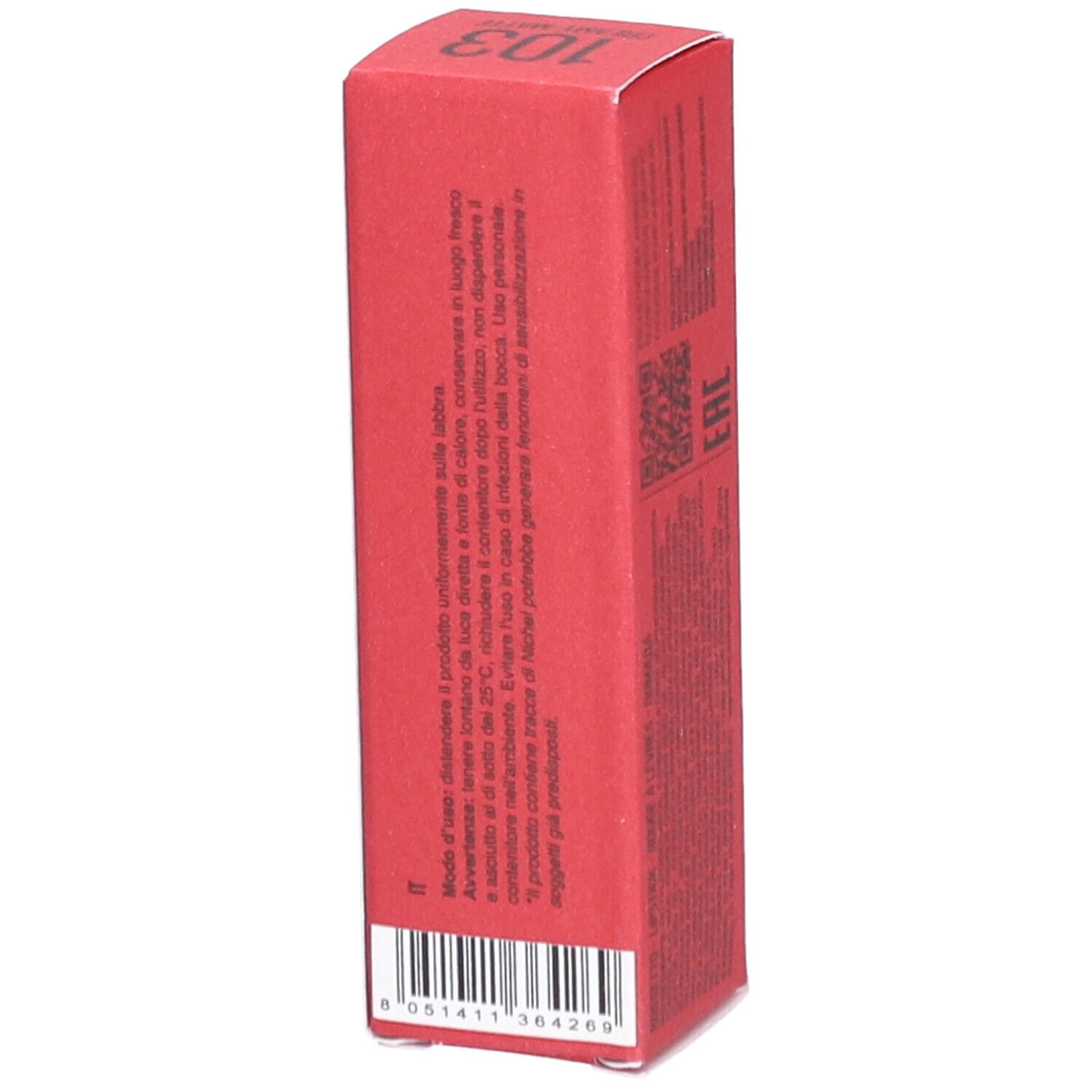 Rote Lippenstift-Verpackung. Marke PUROBIO, Produktname: Lipstick 103.