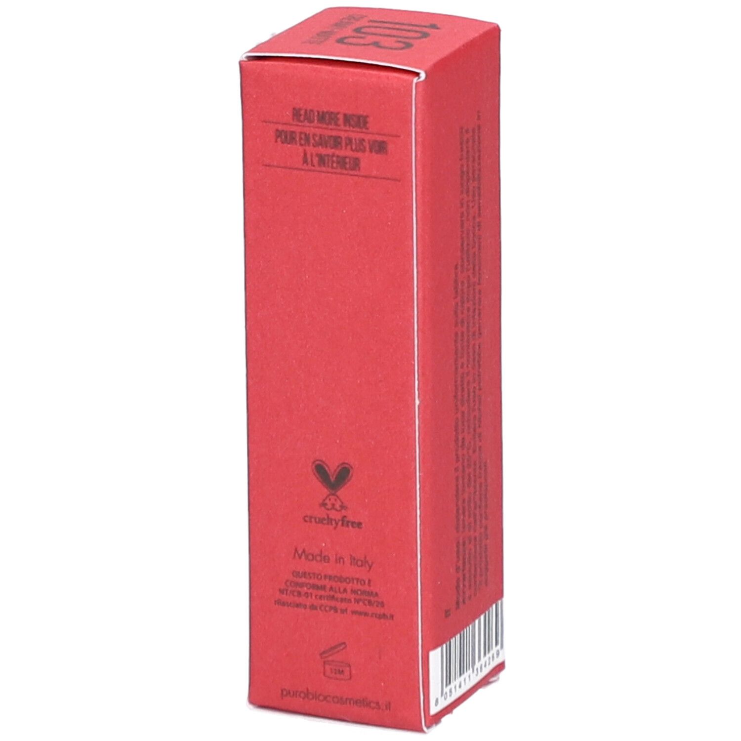 Rote Lippenstift-Verpackung. Marke PUROBIO, Produktname: Lipstick 103.