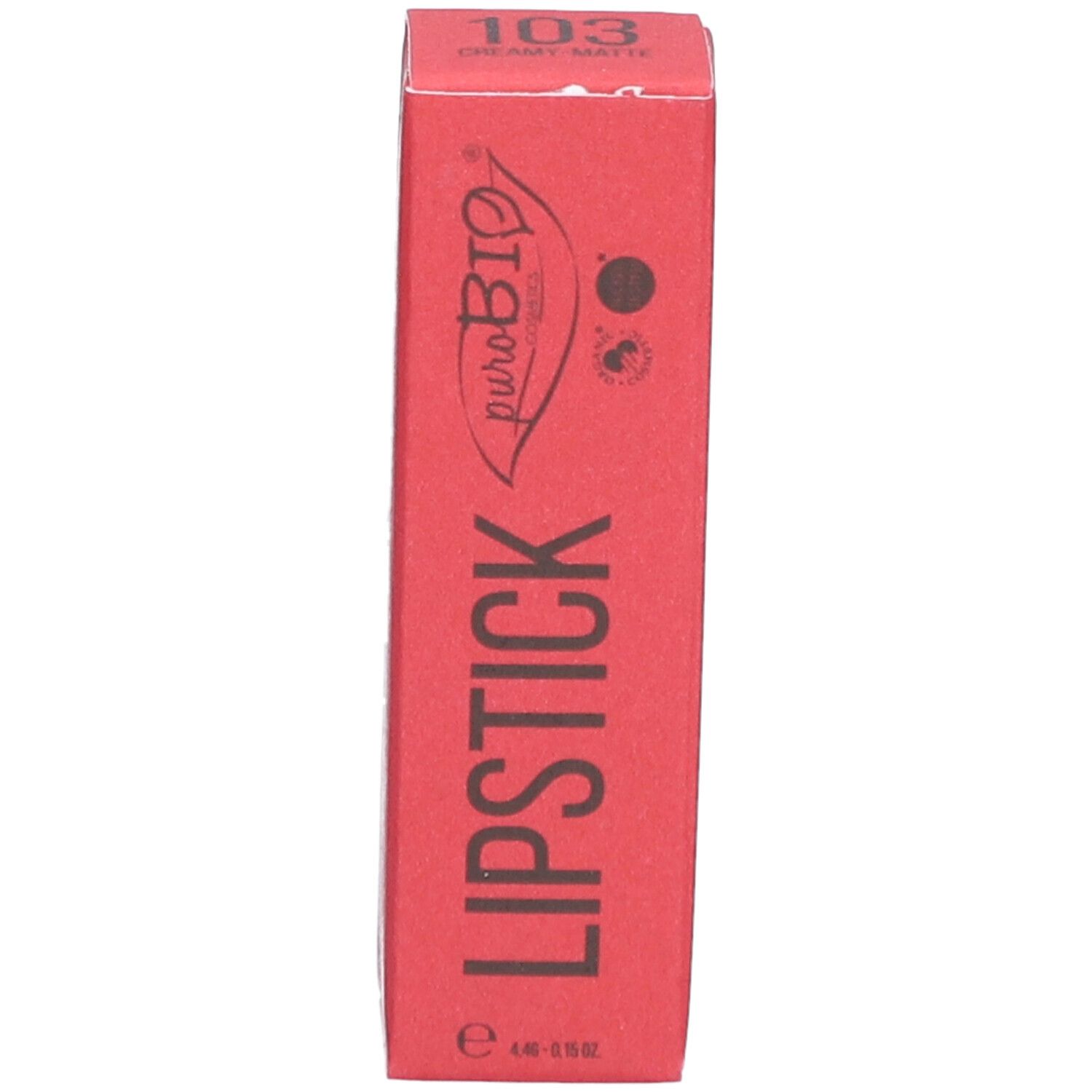 Rote Lippenstift-Verpackung. Marke PUROBIO, Produktname: Lipstick 103.