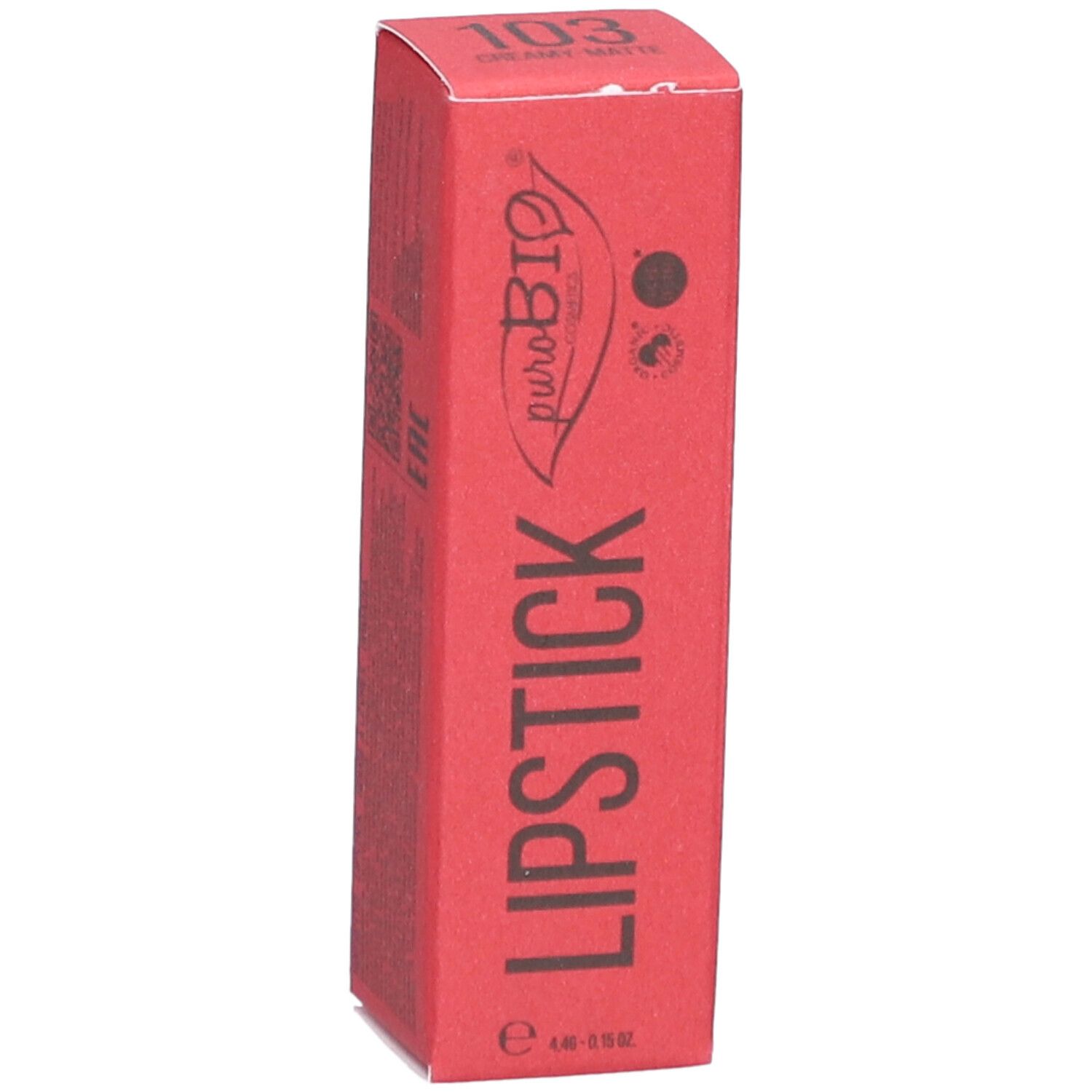 Rote Lippenstift-Verpackung. Marke PUROBIO, Produktname: Lipstick 103.