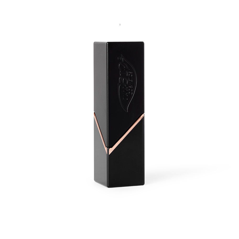 Schwarzes, eckiges Lippenstiftgehäuse mit goldfarbenen Akzenten. Marke PUROBIO.