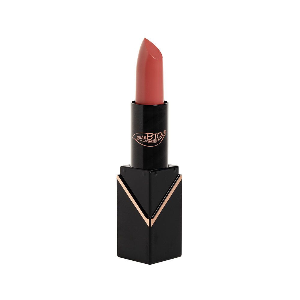 Lippenstift, rosa Farbton, schwarzer Behälter mit goldfarbenen Akzenten. Marke sichtbar.
