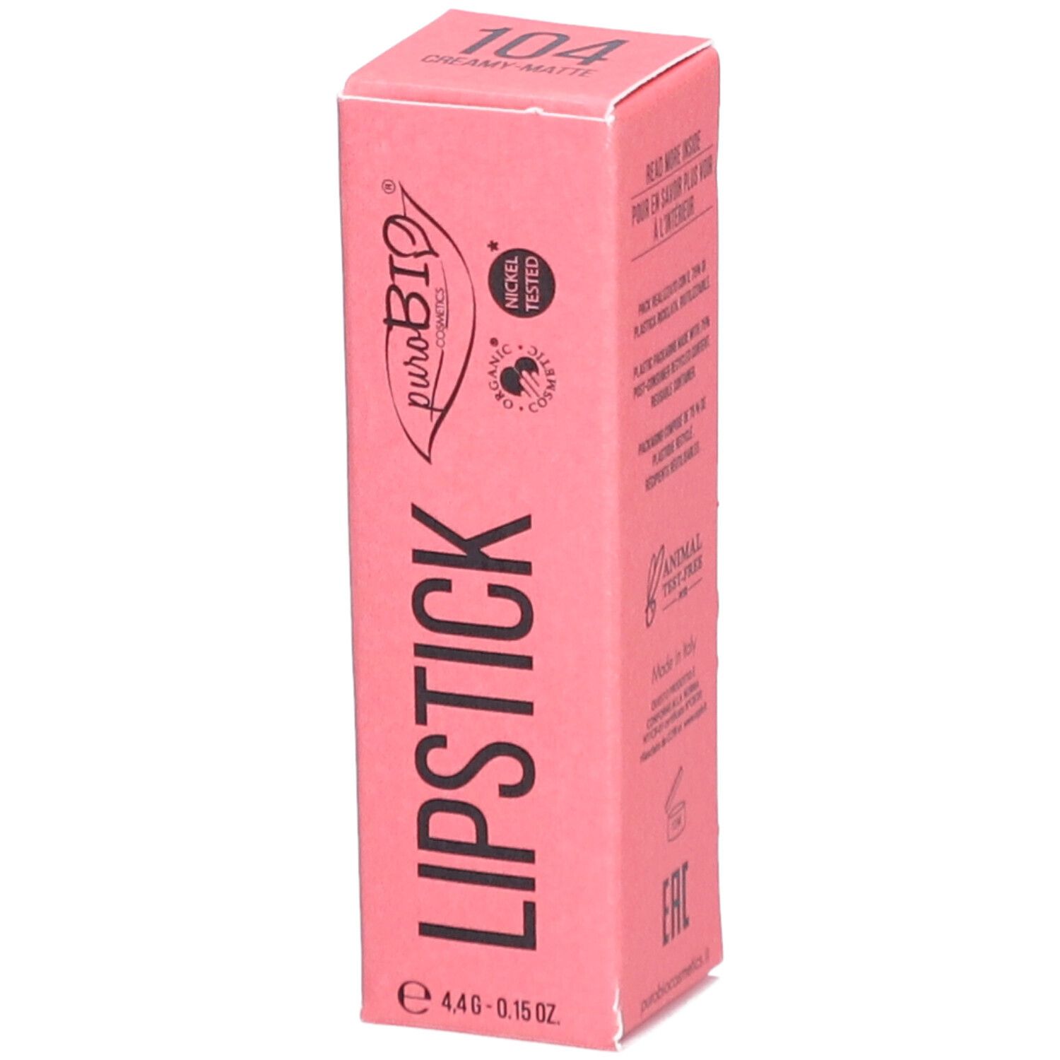 Rosa Lippenstiftverpackung. Produktname, Farbnummer und Marke sichtbar.