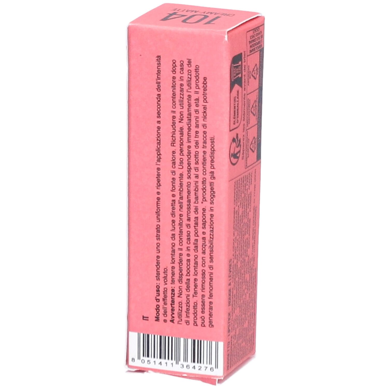 Seite der rosa Lippenstiftverpackung. Gebrauchsanweisung und Warnhinweise.