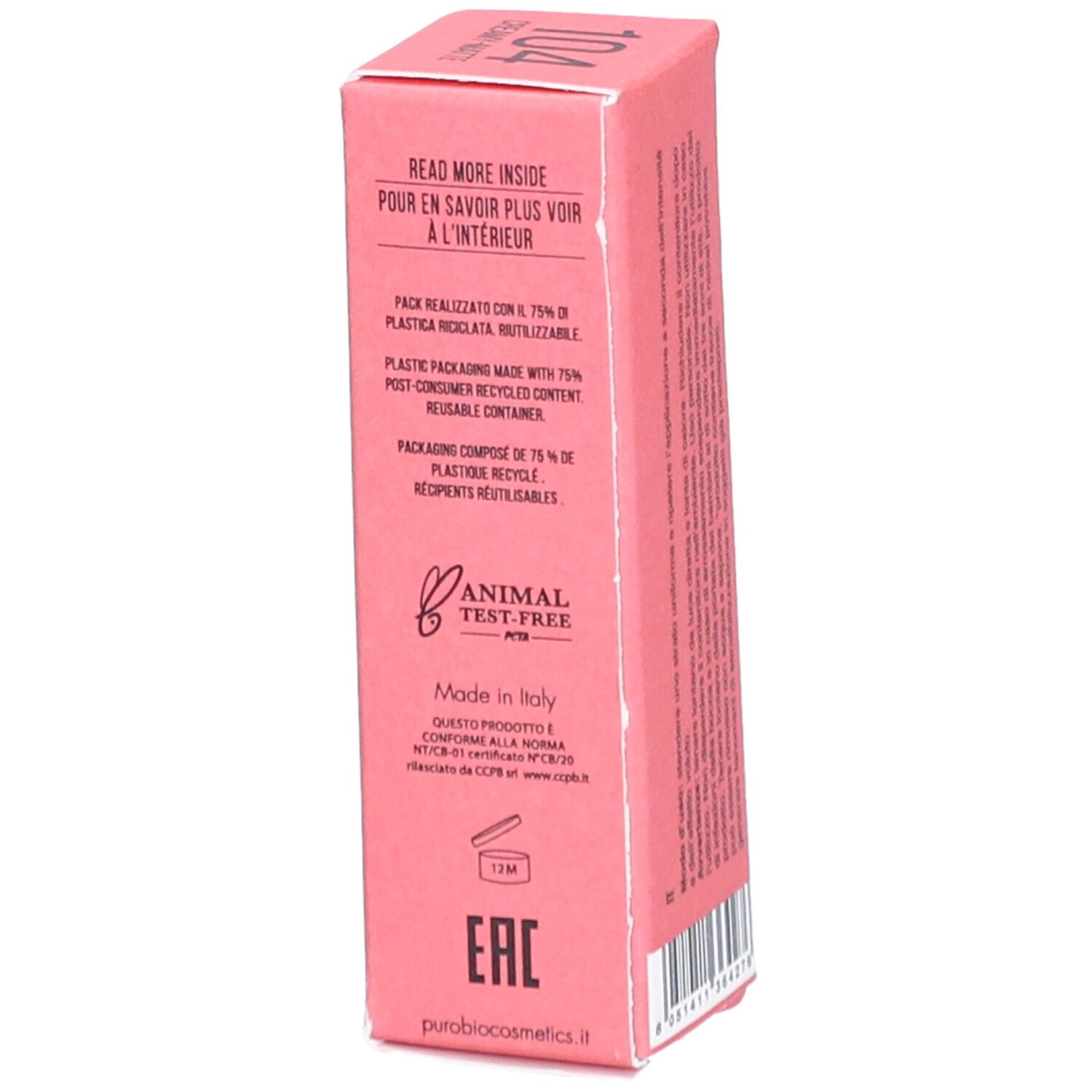 Seite der rosa Lippenstiftverpackung. Informationen zur Verpackung und Zertifizierungen.