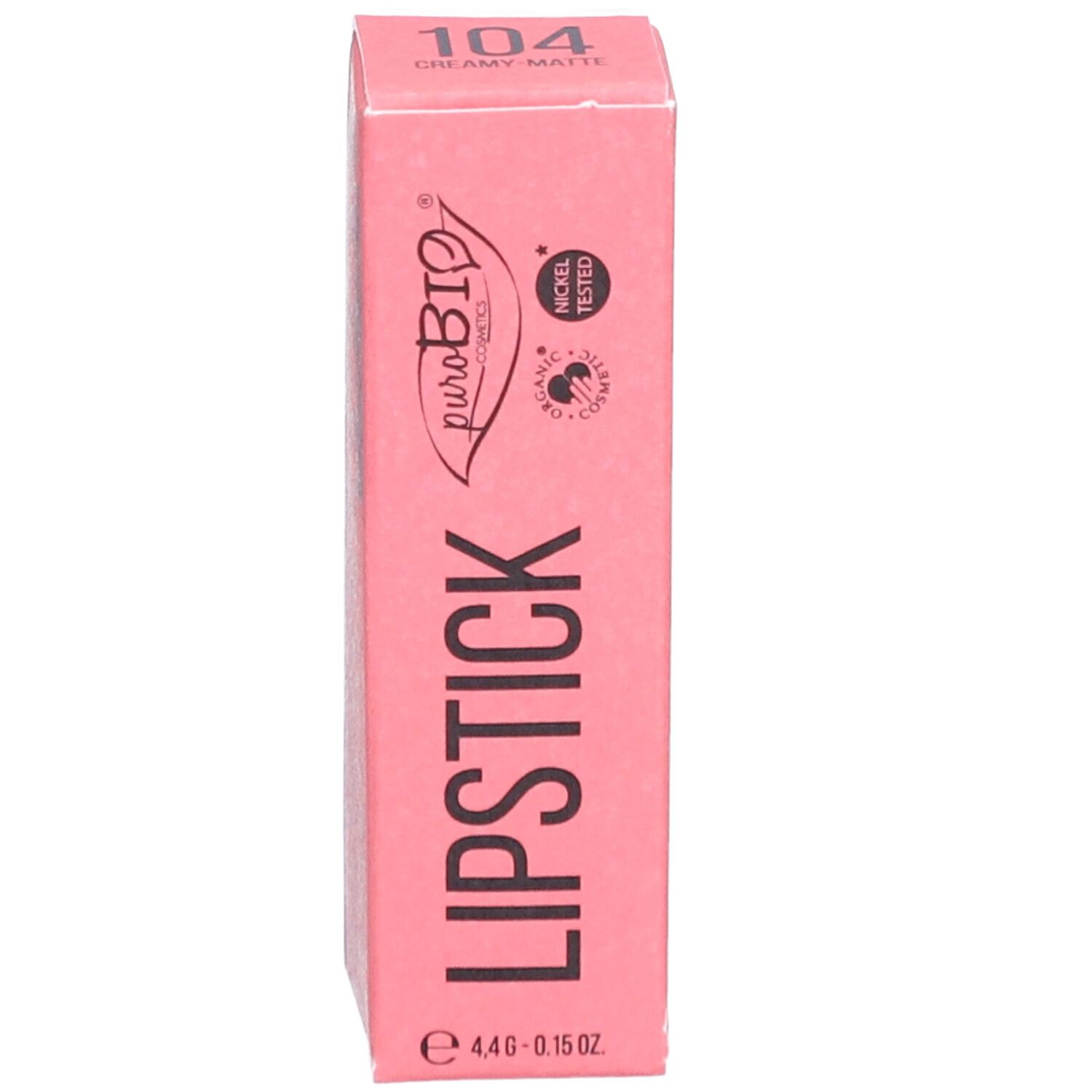 Vorderseite der rosa Lippenstiftverpackung. Produktname, Farbnummer und Marke.