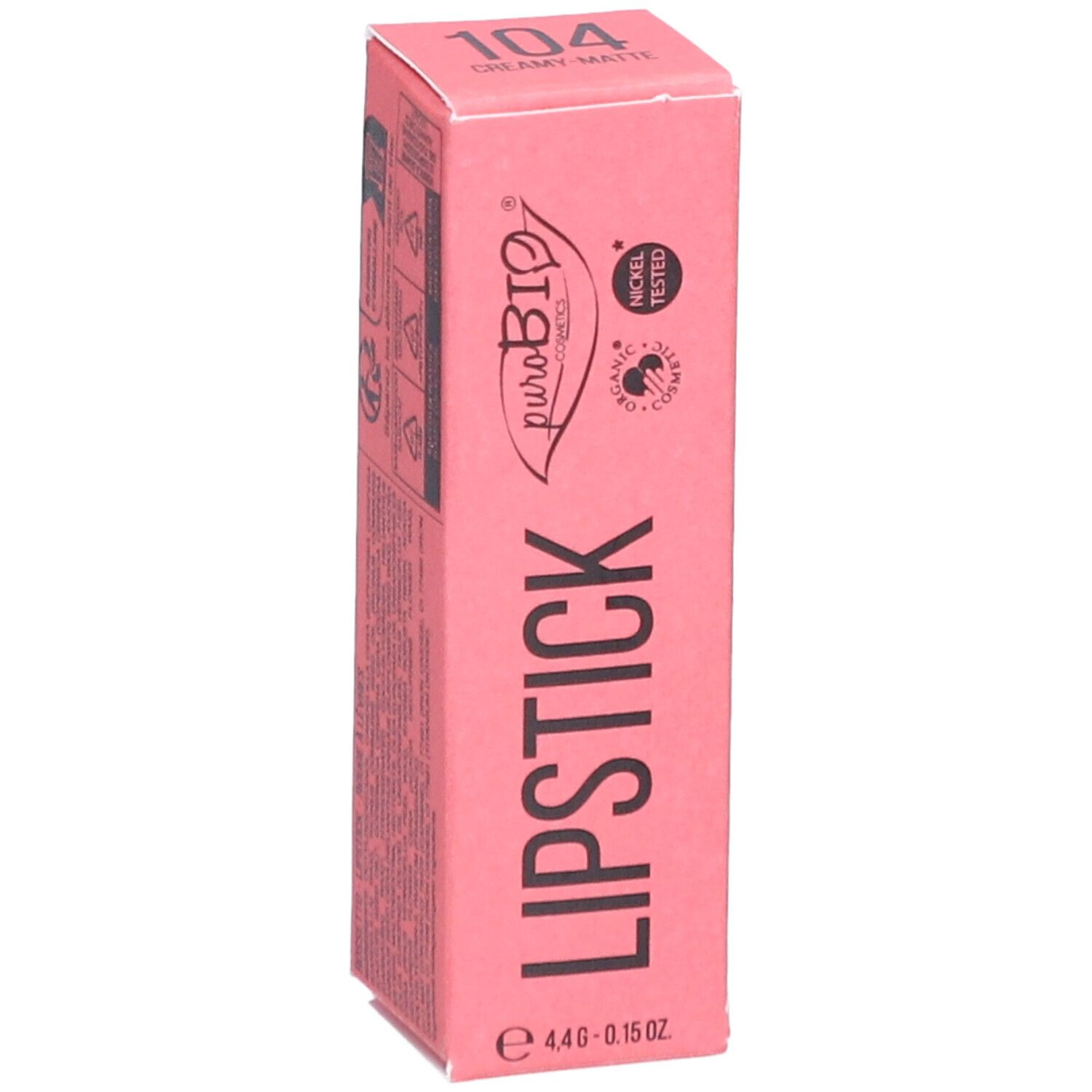 Seite der rosa Lippenstiftverpackung. Produktname, Farbnummer und Marke.