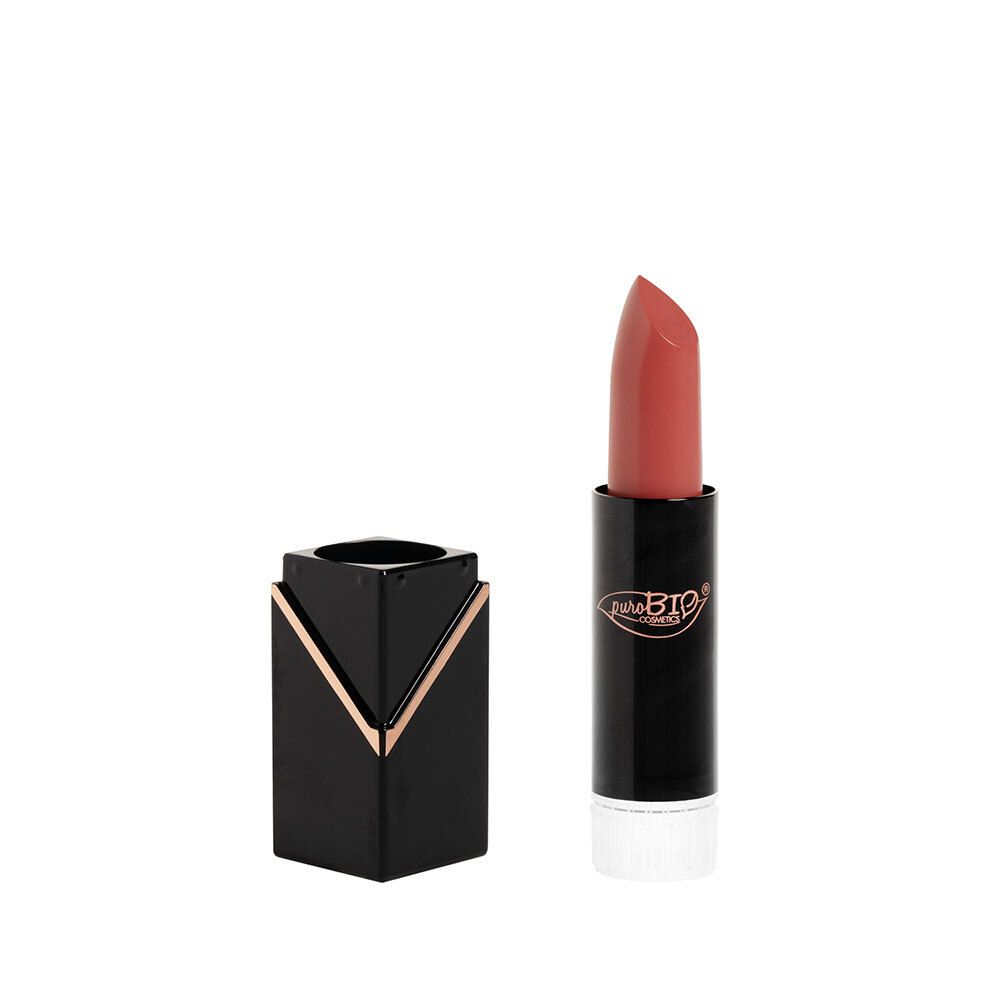 Lippenstift, rosa Farbton, schwarzer Behälter mit goldfarbenen Akzenten. Deckel daneben.
