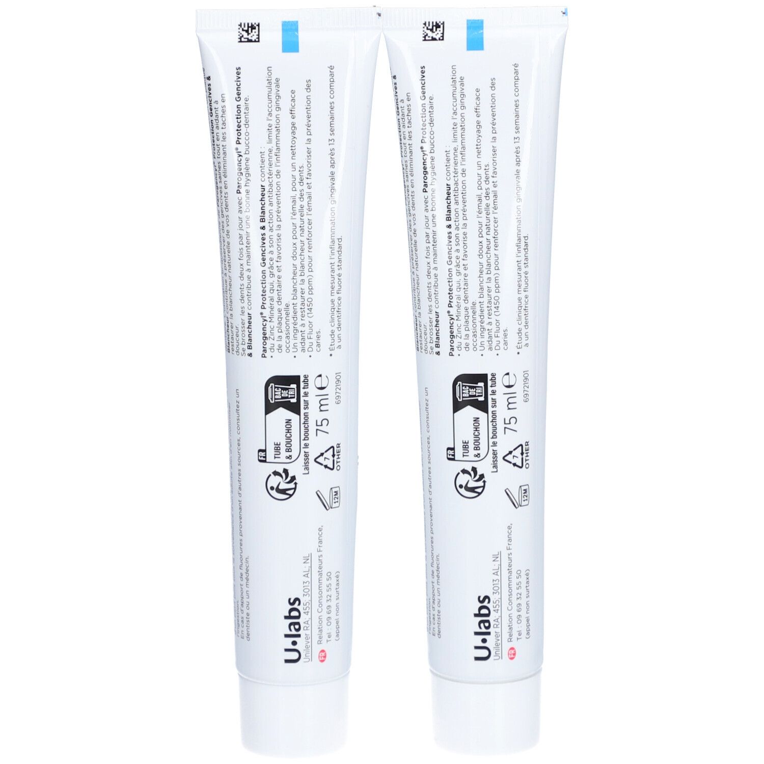 Zwei Tuben Zahnpasta, Rückseite. Text in Französisch. Aufschrift: U-labs. Inhalt: 75 ml.
