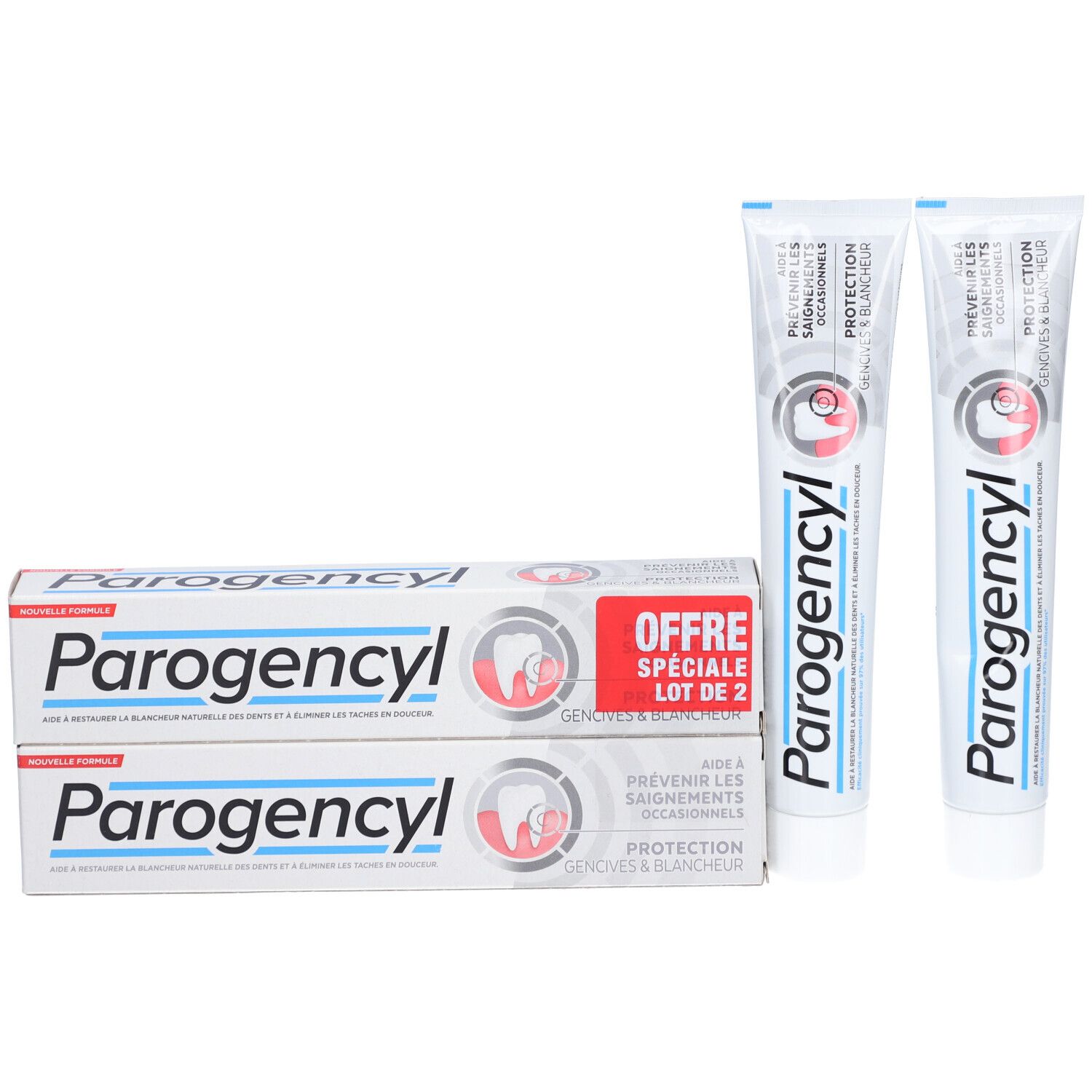 Zahnpasta-Packung und zwei Tuben. Aufschrift: Parogencyl. Angebot: Lot de 2. Verpackung weiß.