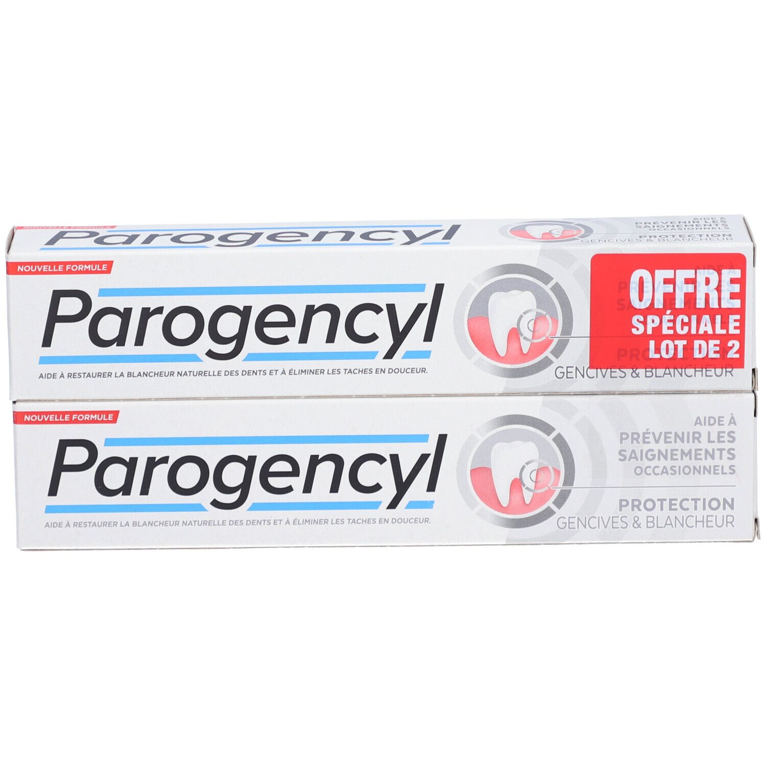 Zwei Zahnpasta-Packungen. Aufschrift: Parogencyl. Angebot: Lot de 2. Verpackung weiß mit roter Schrift.