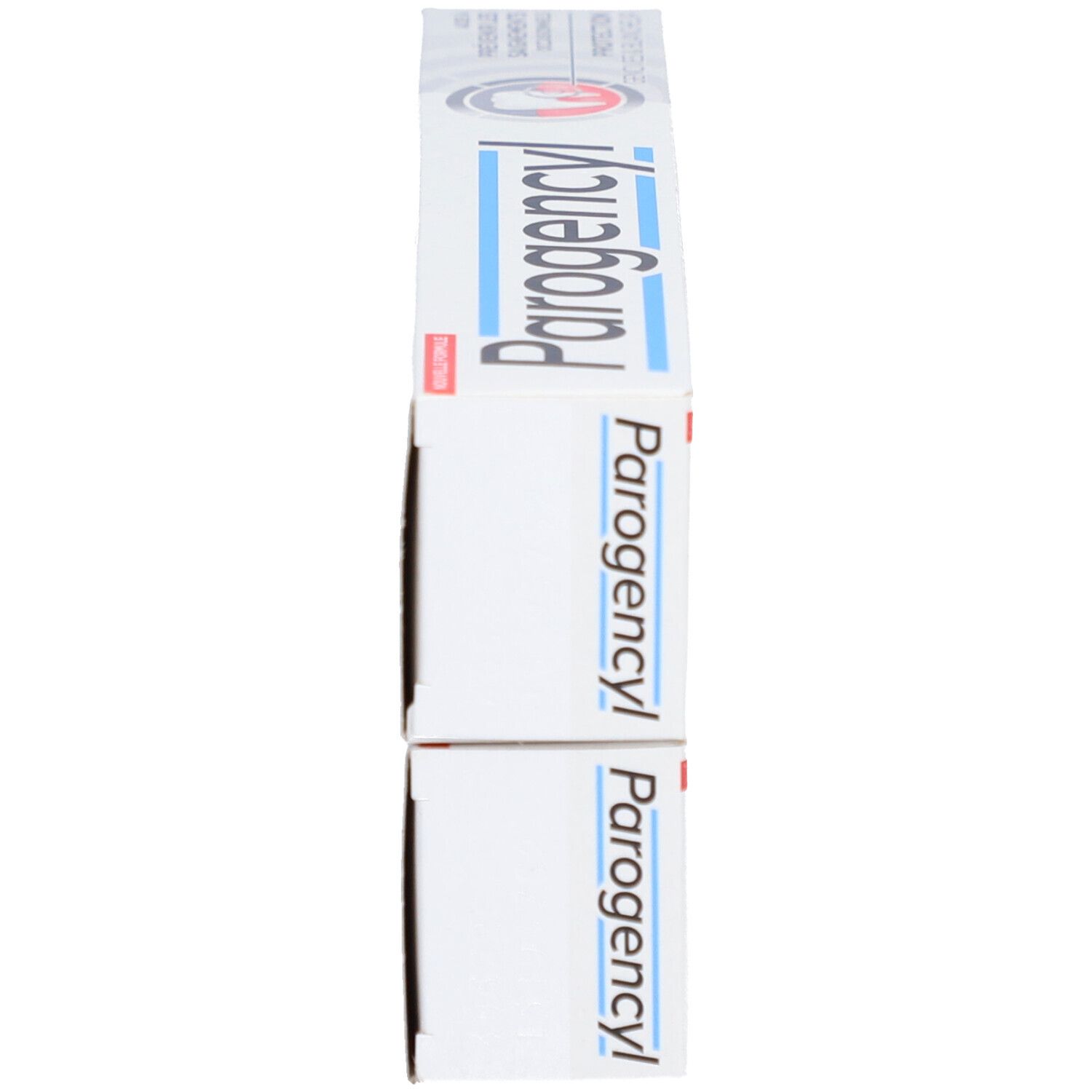 Zwei übereinander gestapelte Zahnpasta-Packungen. Aufschrift: Parogencyl. Verpackung weiß.