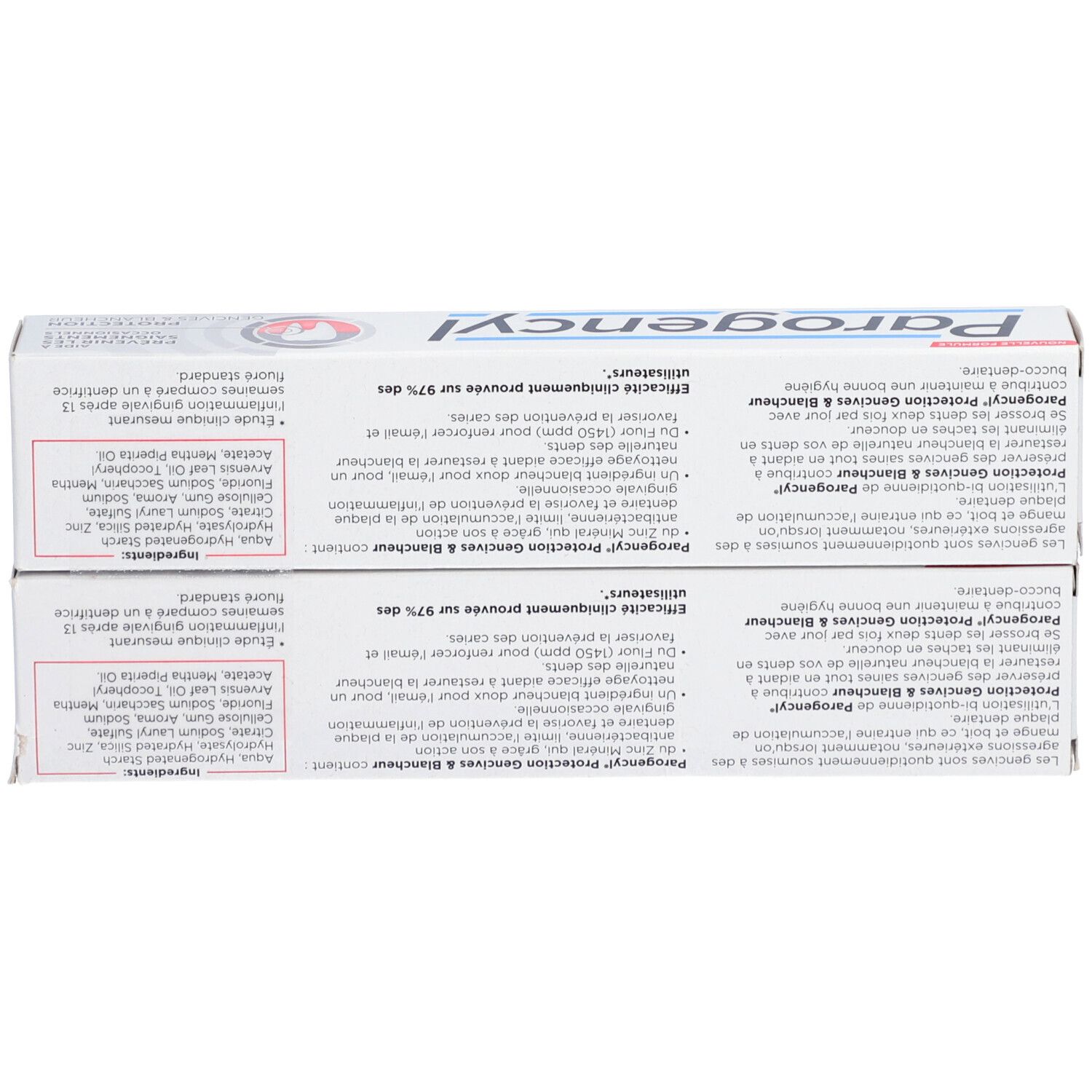 Rückseite von zwei Zahnpasta-Packungen. Text in Französisch. Aufschrift: Parogencyl. Inhaltsstoffe.