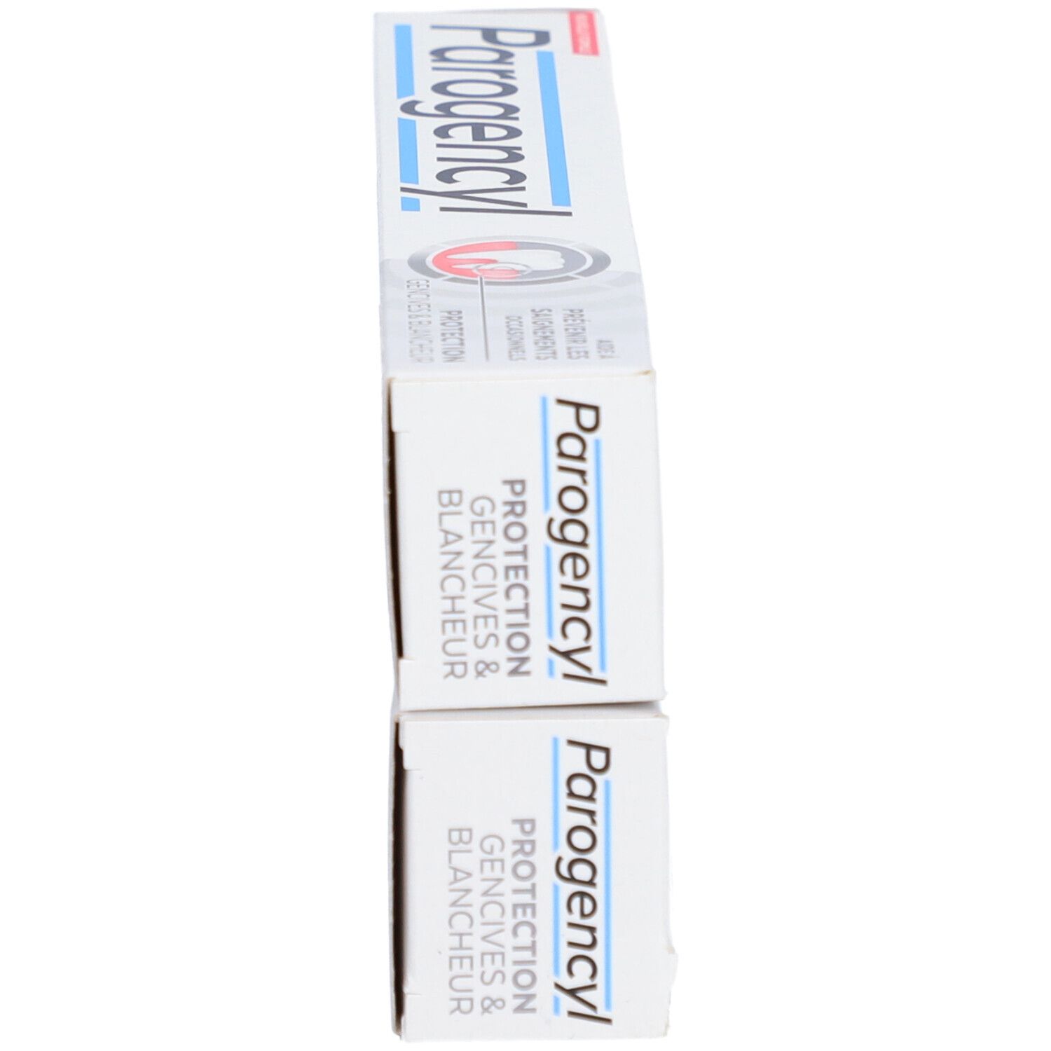 Zwei Zahnpasta-Packungen, Seitenansicht. Aufschrift: Parogencyl. Verpackung weiß.