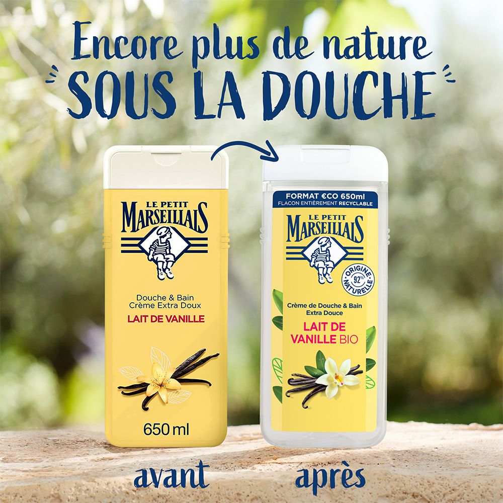 Deux flacons côte à côte. Inscription: Le Petit Marseillais, Crème de Douche & Bain, Lait de Vanille. Concept avant/après.