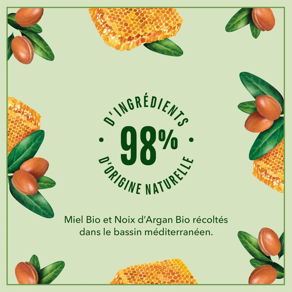 Kreisrundes Logo mit Text: 98% natürlichen Ursprungs. Illustrationen von Honigwaben, Arganfrüchten und Blättern.
