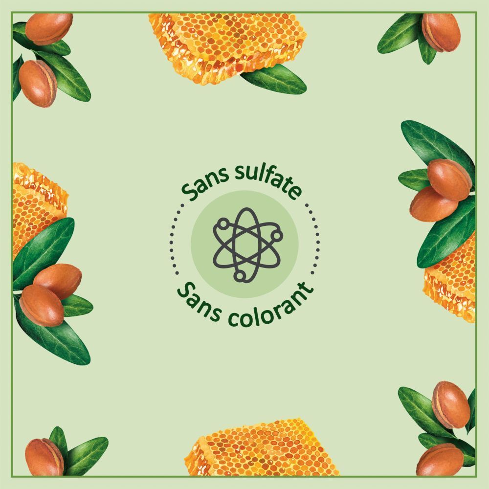 Rundes Logo mit Text: Ohne Sulfate, ohne Farbstoffe. Illustrationen von Honigwaben, Arganfrüchten und Blättern.