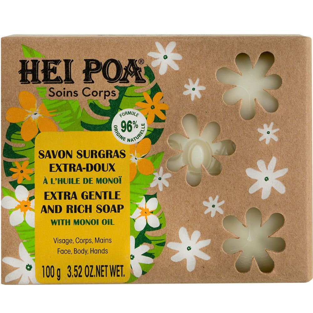 Kartonverpackung mit HEI POA-Logo und Seife. Text: Savon Surgras Extra-Doux à l'Huile de Monoï. 96% Formule d'origine naturelle.
