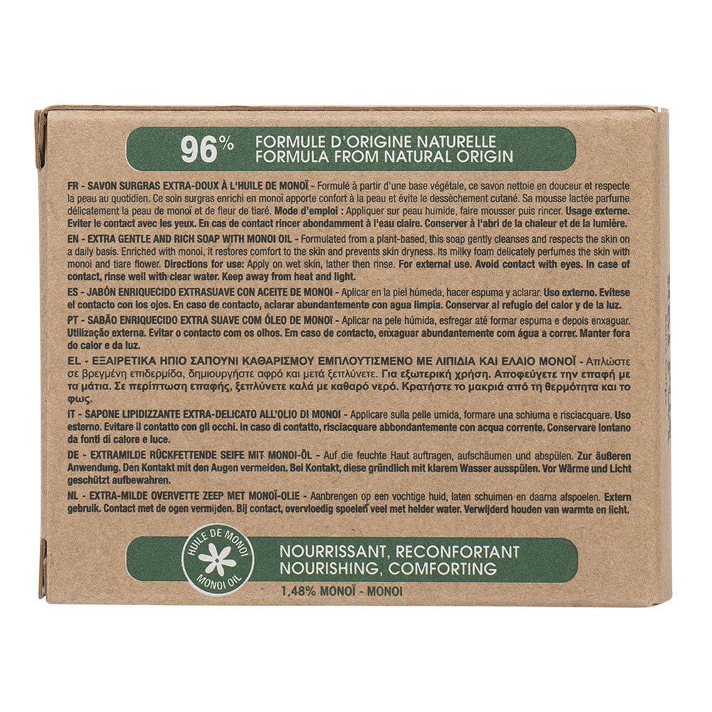 Rückseite der Kartonverpackung mit Text in mehreren Sprachen. Enthält Informationen über die Inhaltsstoffe und Anwendung.