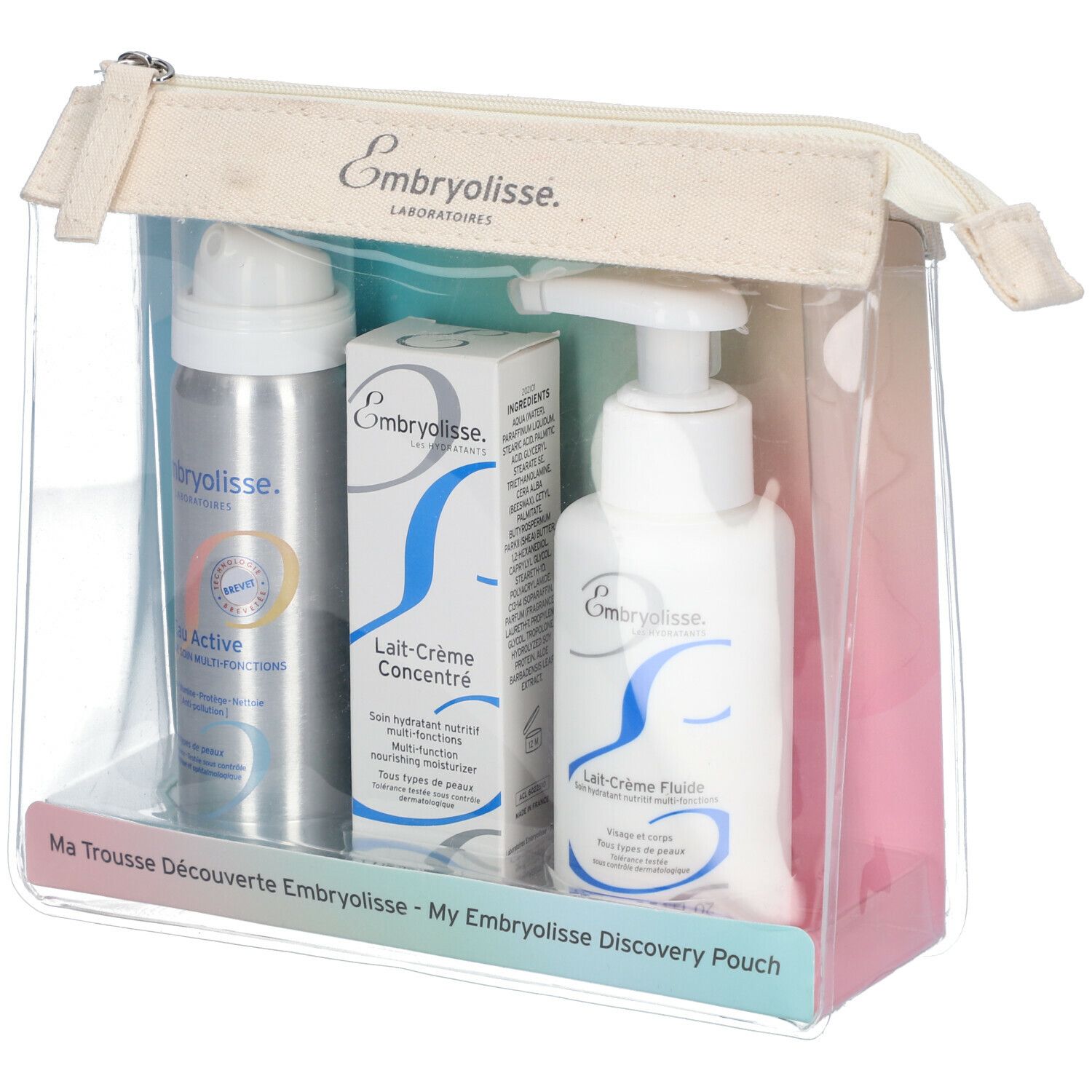 Klarsicht-Kosmetiktasche mit drei Produkten: Spray, Creme-Tube und Lotion. Aufdrucke: Embryolisse, Lait-Crème, Eau Active.