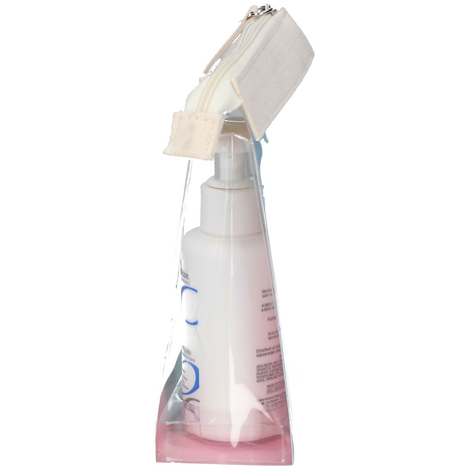 Seitenansicht der transparenten Kosmetiktasche mit Lotion. Aufdruck: Embryolisse, Lait-Crème Fluide.