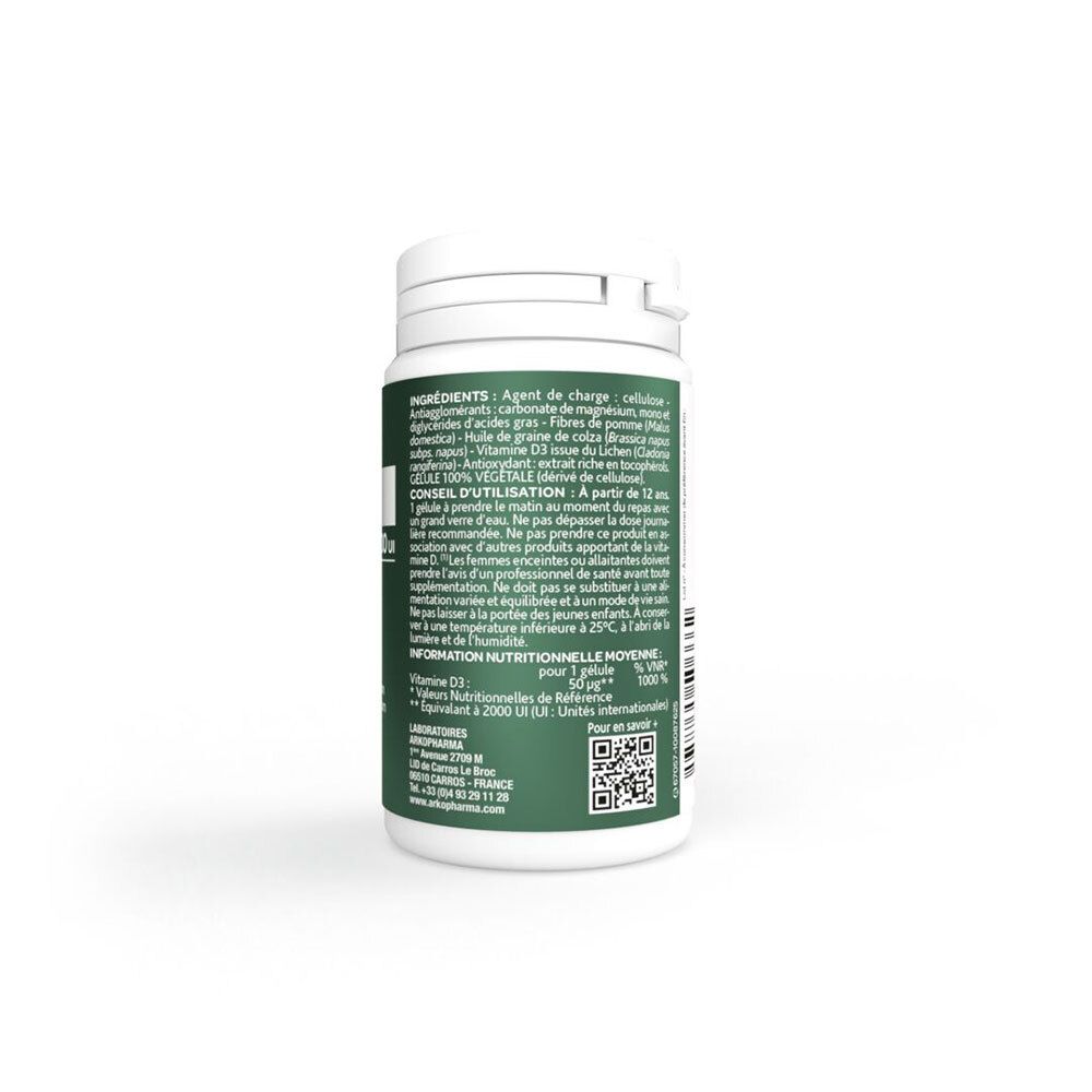 Arrière d'un pot de capsules Arkopharma Vitamine D3 avec ingrédients.
