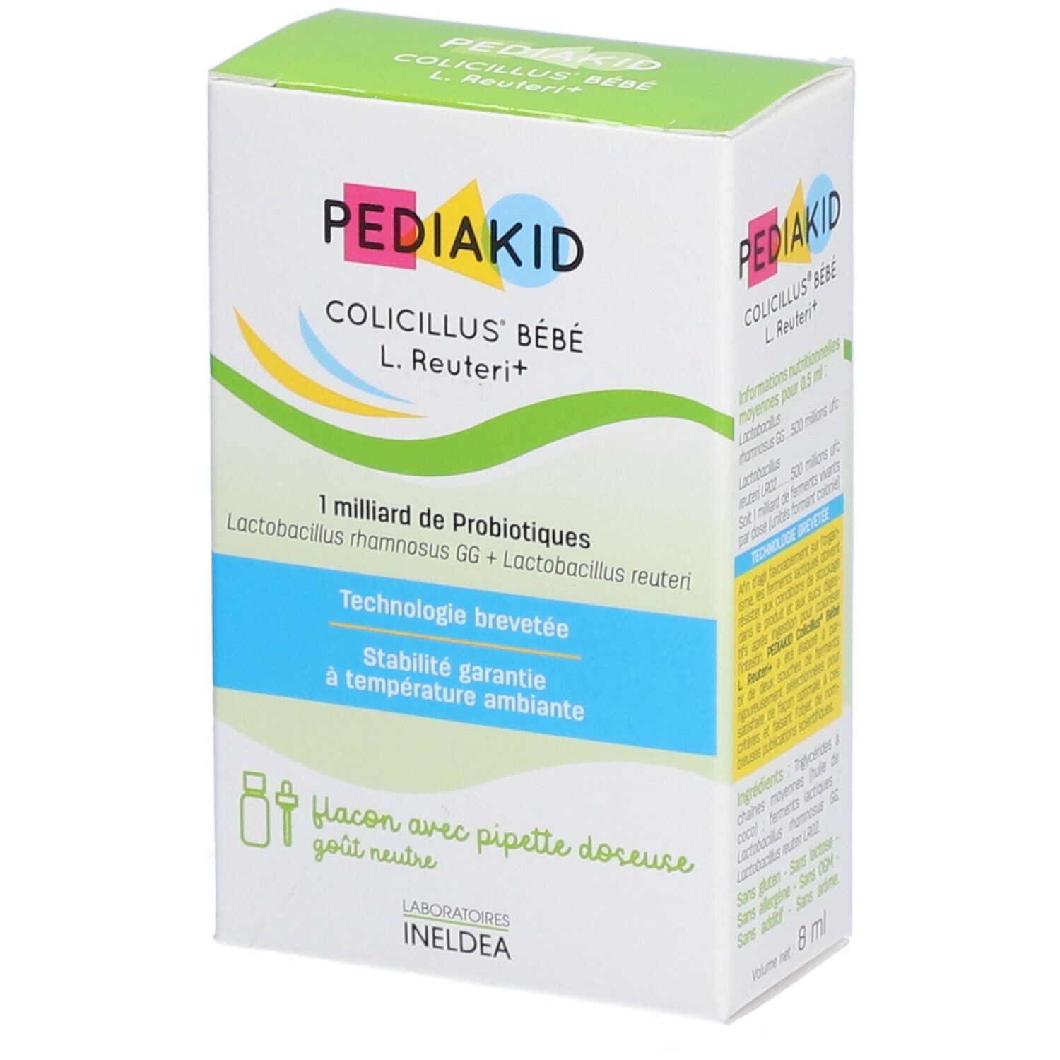 Boîte Pediakid Colicillus Bébé. Inscription : 1 milliard de probiotiques, pipette. Éléments verts et bleus.