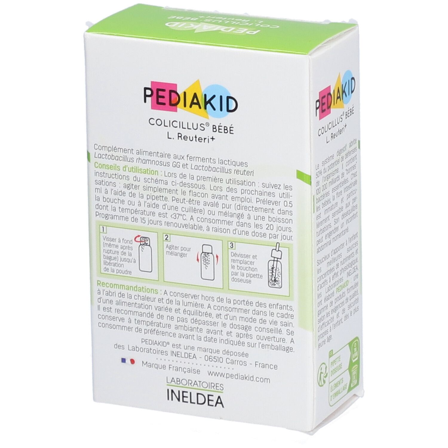 Boîte Pediakid Colicillus Bébé. Inscription : 1 milliard de probiotiques, pipette. Éléments verts et bleus.