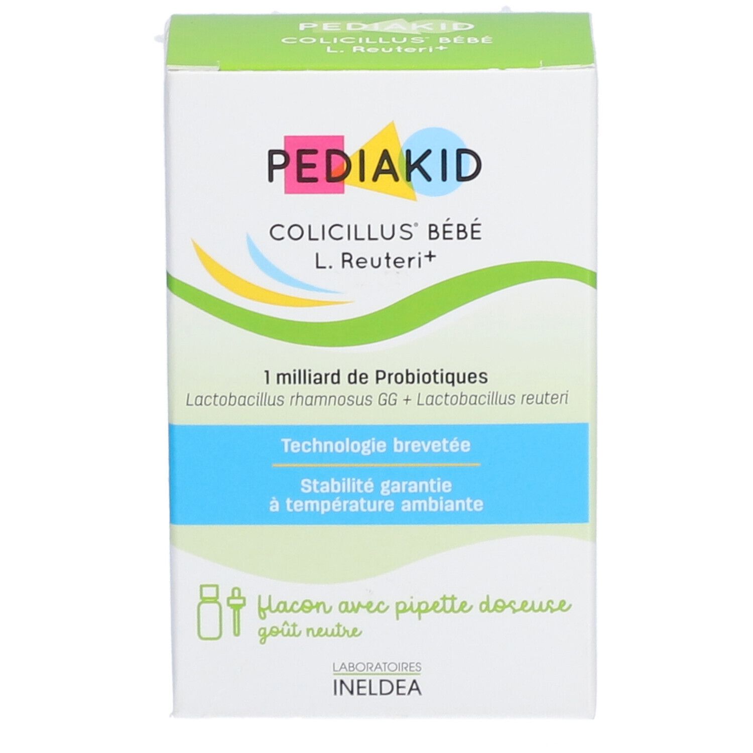 Boîte Pediakid Colicillus Bébé. Inscription : 1 milliard de probiotiques, pipette. Éléments verts et bleus.