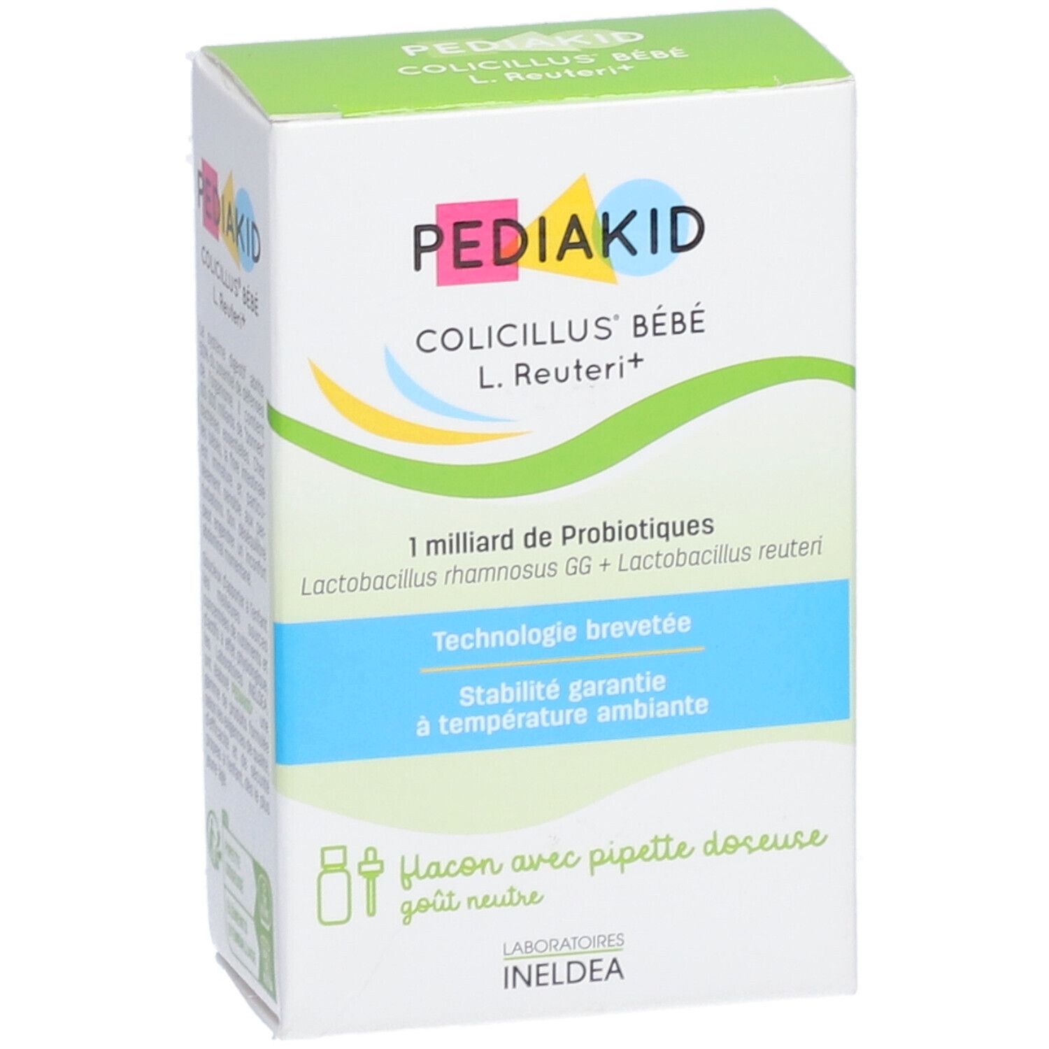 Boîte Pediakid Colicillus Bébé. Inscription : 1 milliard de probiotiques, pipette. Éléments verts et bleus.