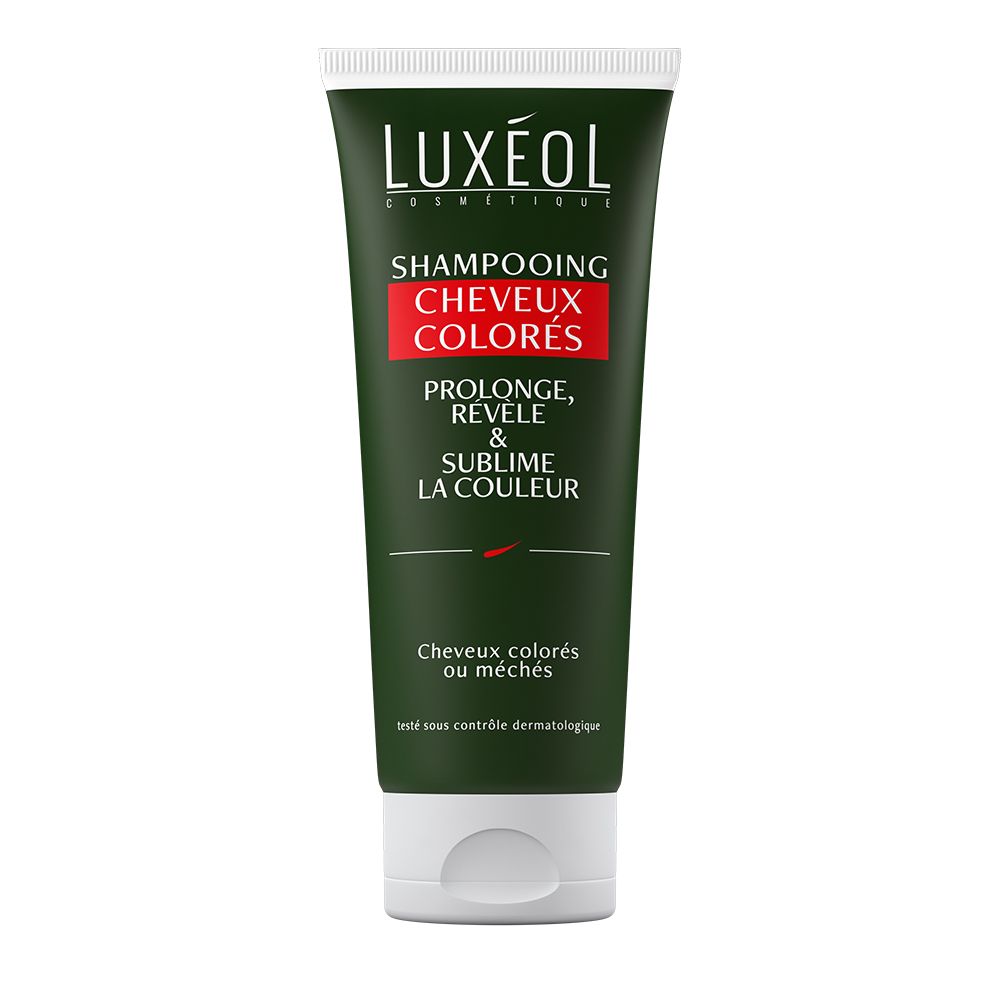 Tube vert avec bouchon blanc. Inscription: LUXÉOL, Shampooing Cheveux Colorés. Texte rouge sur fond vert.