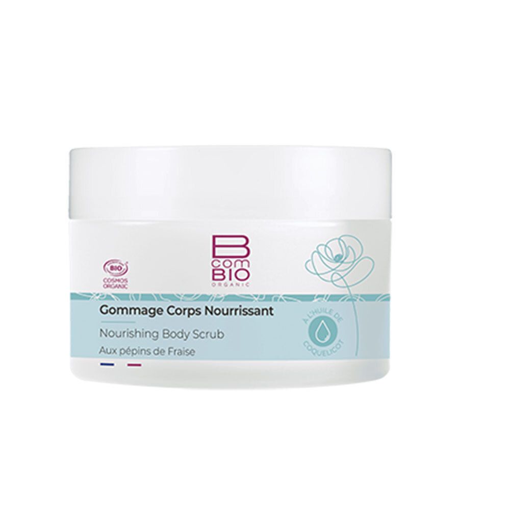 Weißes Tiegel mit Deckel. Aufschrift: B COM BIO, Gommage Corps Nourrissant, Nourishing Body Scrub. Mit Bio-Siegel.