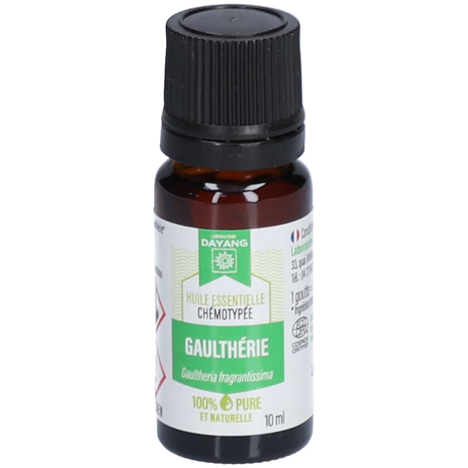 Flacon en verre brun avec bouchon noir. Étiquette avec logo DAYANG et texte: Huile essentielle Chémotypée Gaulthérie. 100% Pure et Naturelle.