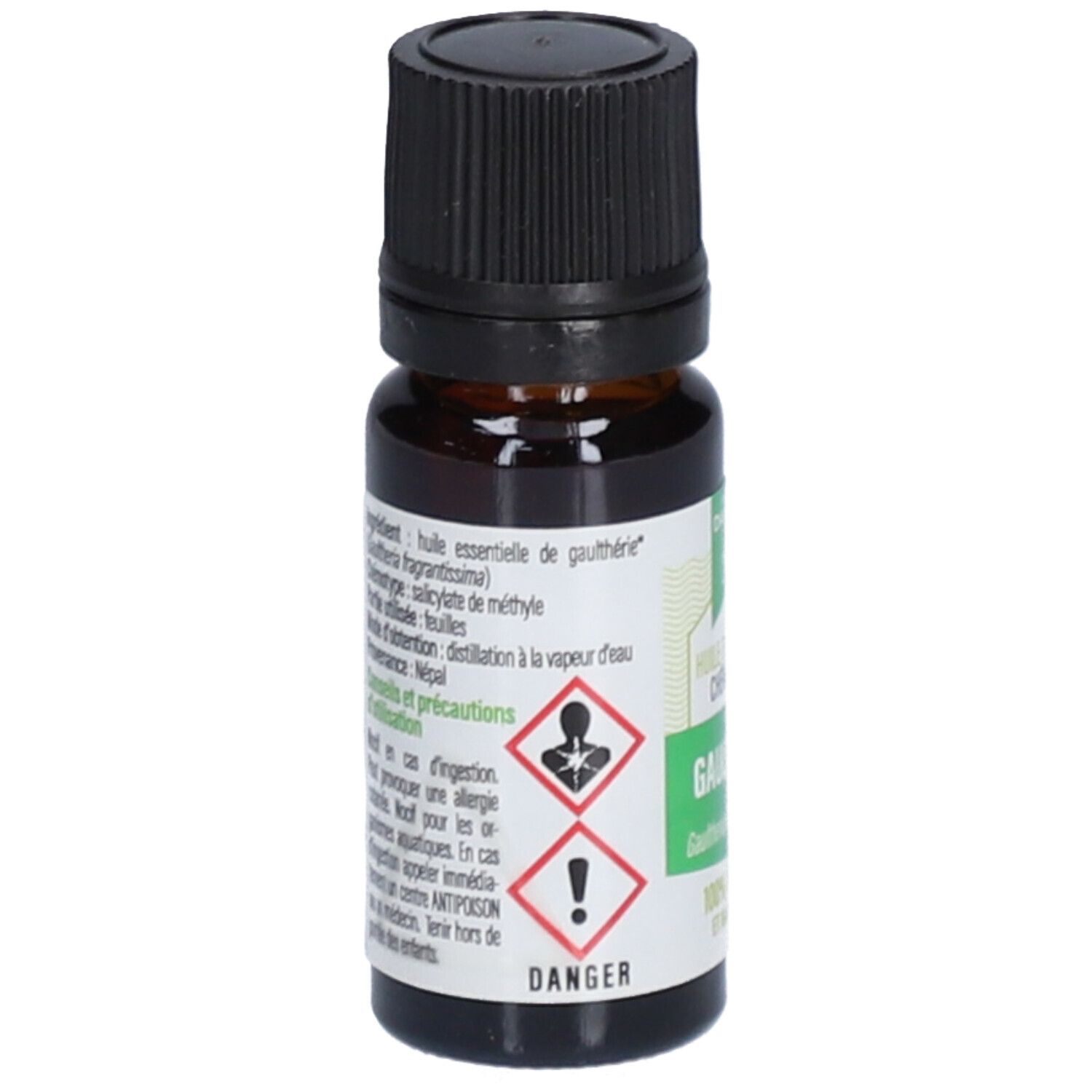Flacon en verre brun avec bouchon noir. Étiquette avec symboles d'avertissement et texte: Huile essentielle Chémotypée Gaulthérie. 100% Pure et Naturelle.