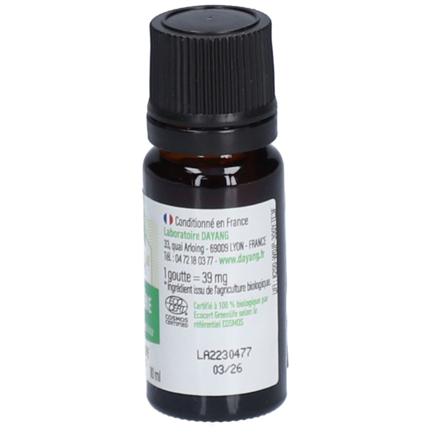 Flacon en verre brun avec bouchon noir. Étiquette avec texte: Huile essentielle Chémotypée Gaulthérie. Informations sur la fabrication et la certification.