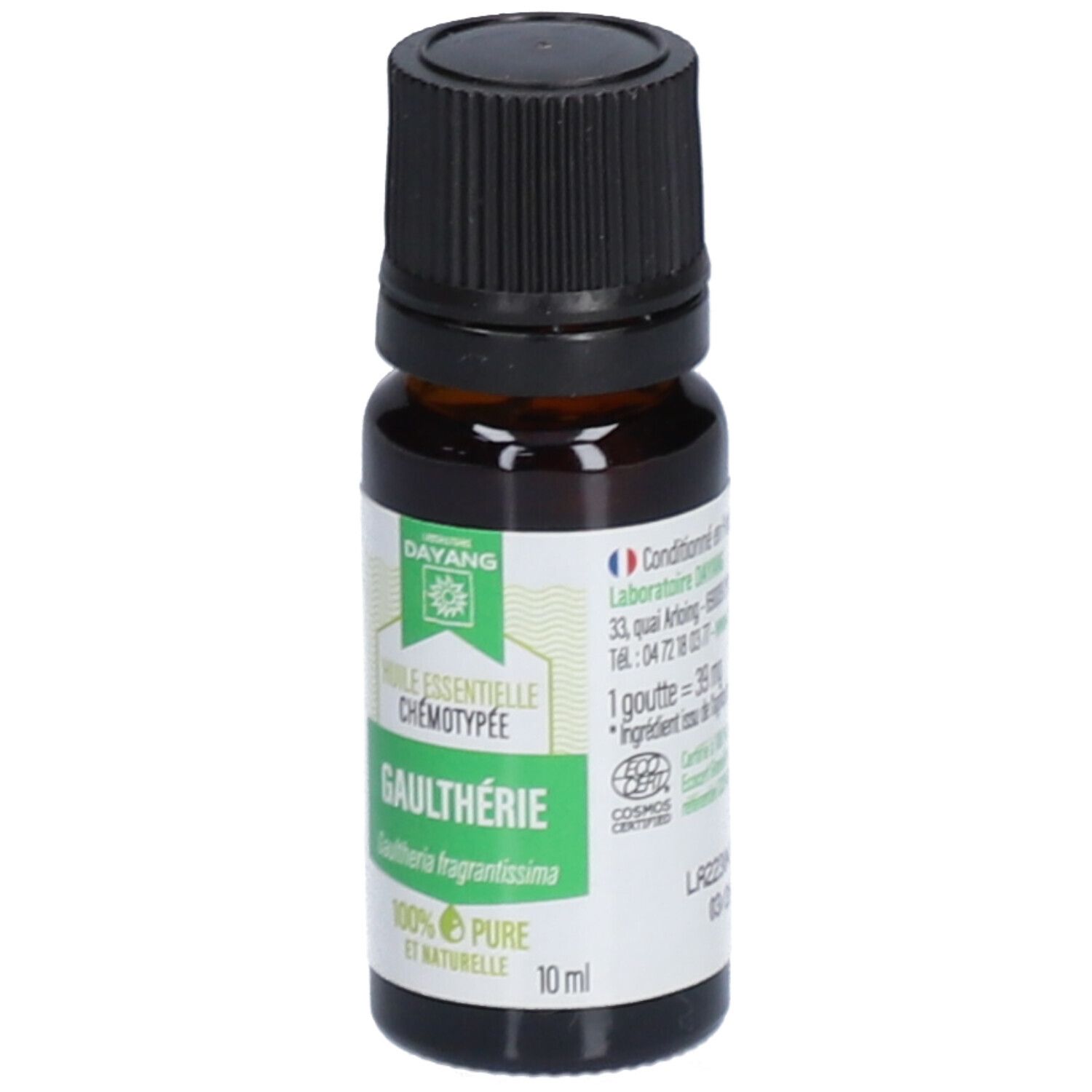 Flacon en verre brun avec bouchon noir. Étiquette avec logo DAYANG et texte: Huile essentielle Chémotypée Gaulthérie. 100% Pure et Naturelle. 10 ml.
