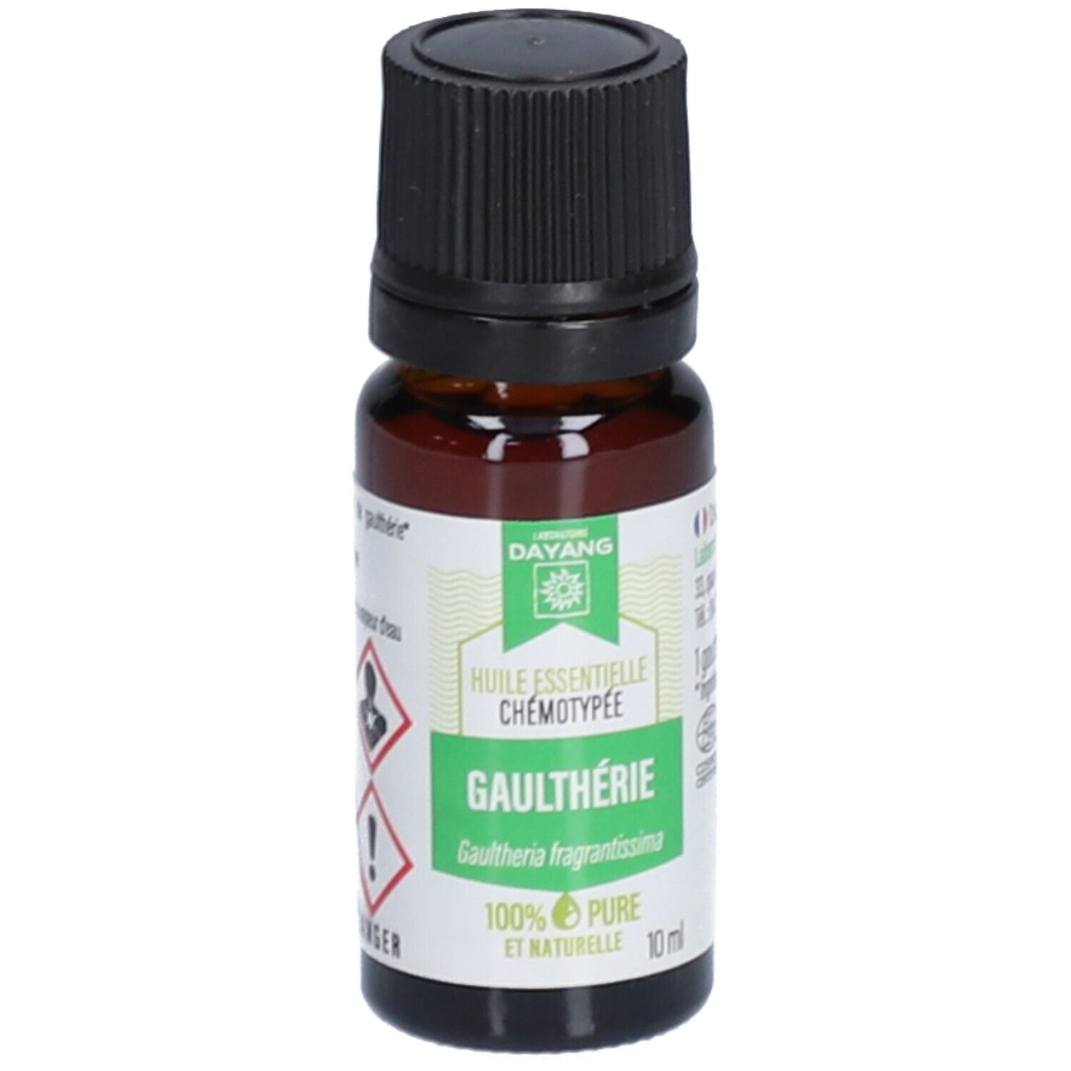 Flacon en verre brun avec bouchon noir. Étiquette avec symboles d'avertissement et texte: Huile essentielle Chémotypée Gaulthérie. 100% Pure et Naturelle. 10 ml.