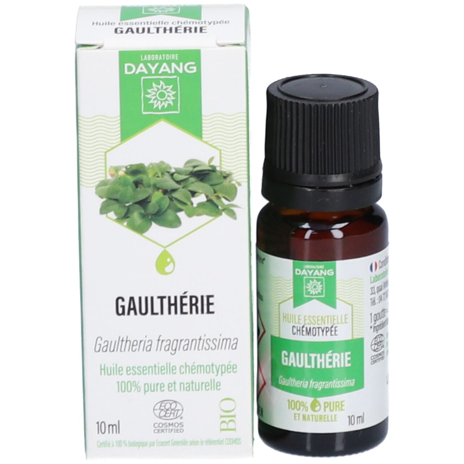 Flacon en verre brun et boîte. Sur le flacon: Huile essentielle Chémotypée Gaulthérie. Sur la boîte: Gaulthérie, BIO, 100% Pure et Naturelle.