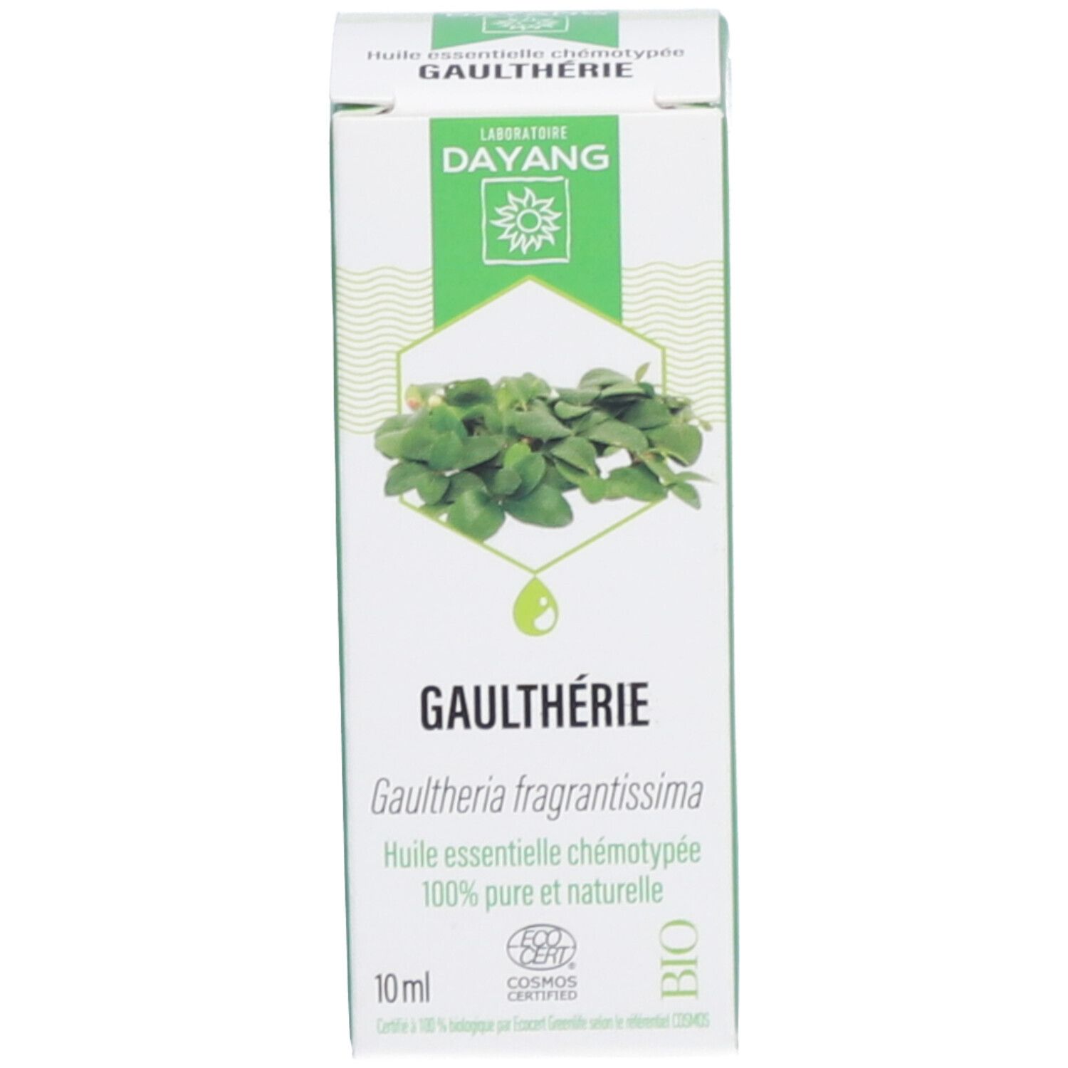 Boîte blanche avec texte: Gaulthérie, Huile essentielle chémotypée, 100% pure et naturelle, BIO. Logo DAYANG et feuilles.
