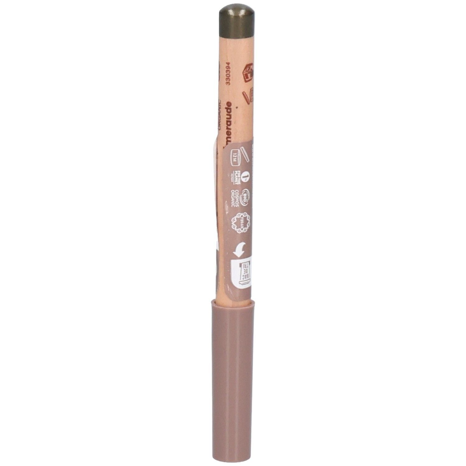 Stift mit brauner Mine und Holzschaft. Der Schaft ist mit Informationen bedruckt. Der Stift hat eine braune Kappe. Merauede.
